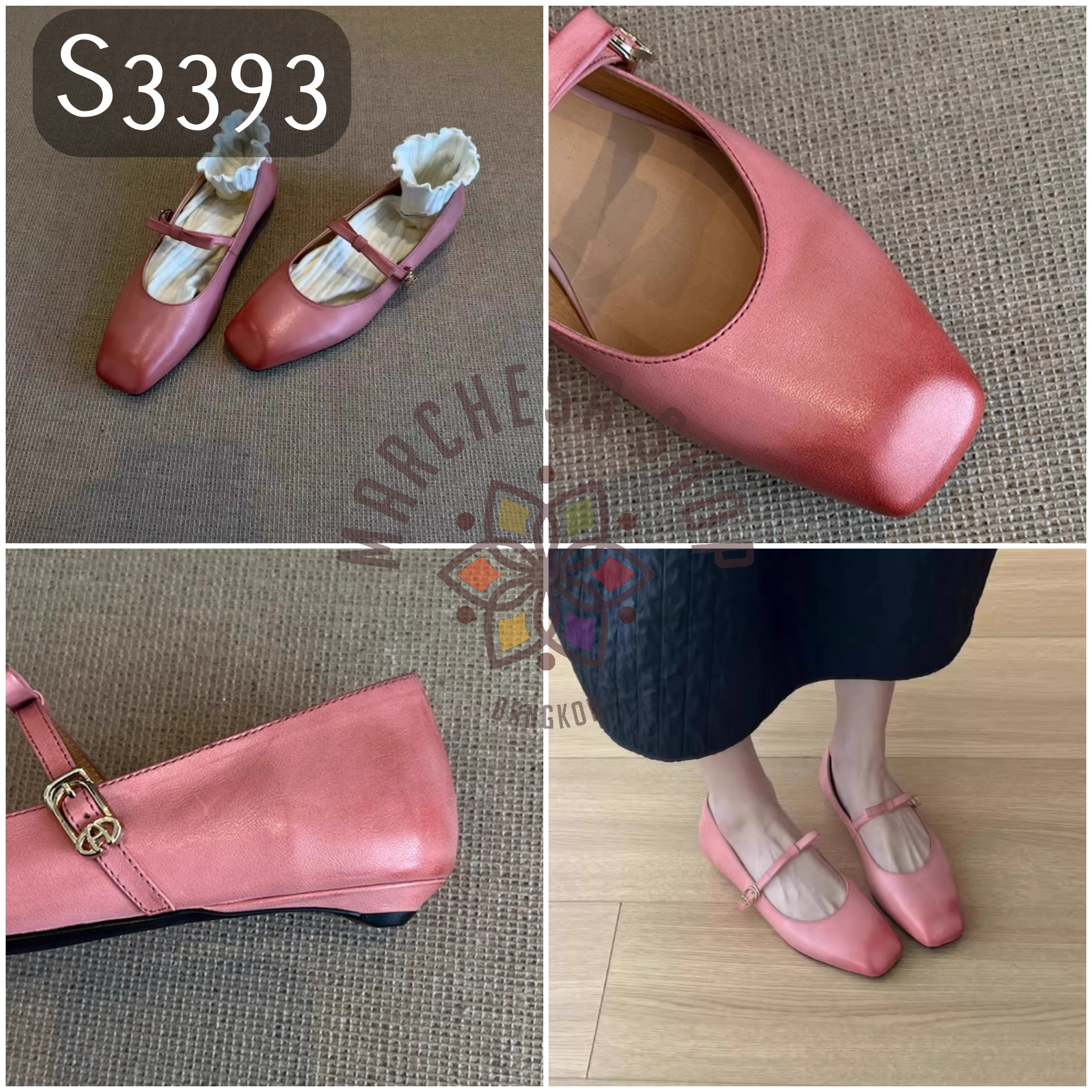 S3393 - 羊皮水磨一字蝴蝶結方頭平底鞋