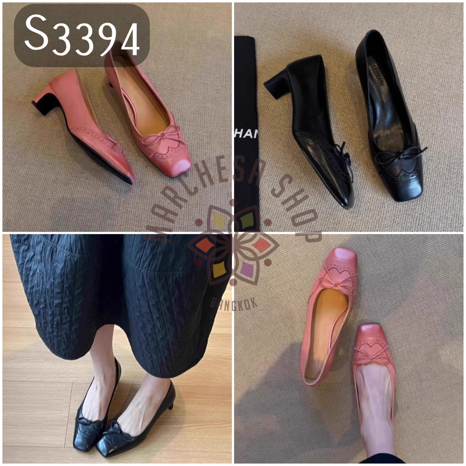 S3394 - 羊皮水磨雕花方頭高踭鞋