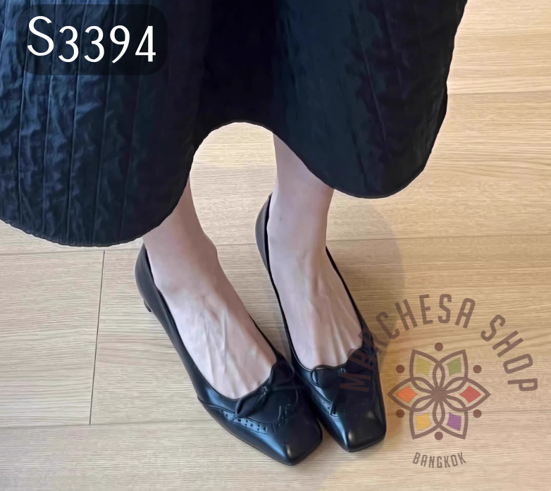 S3394 - 羊皮水磨雕花方頭高踭鞋