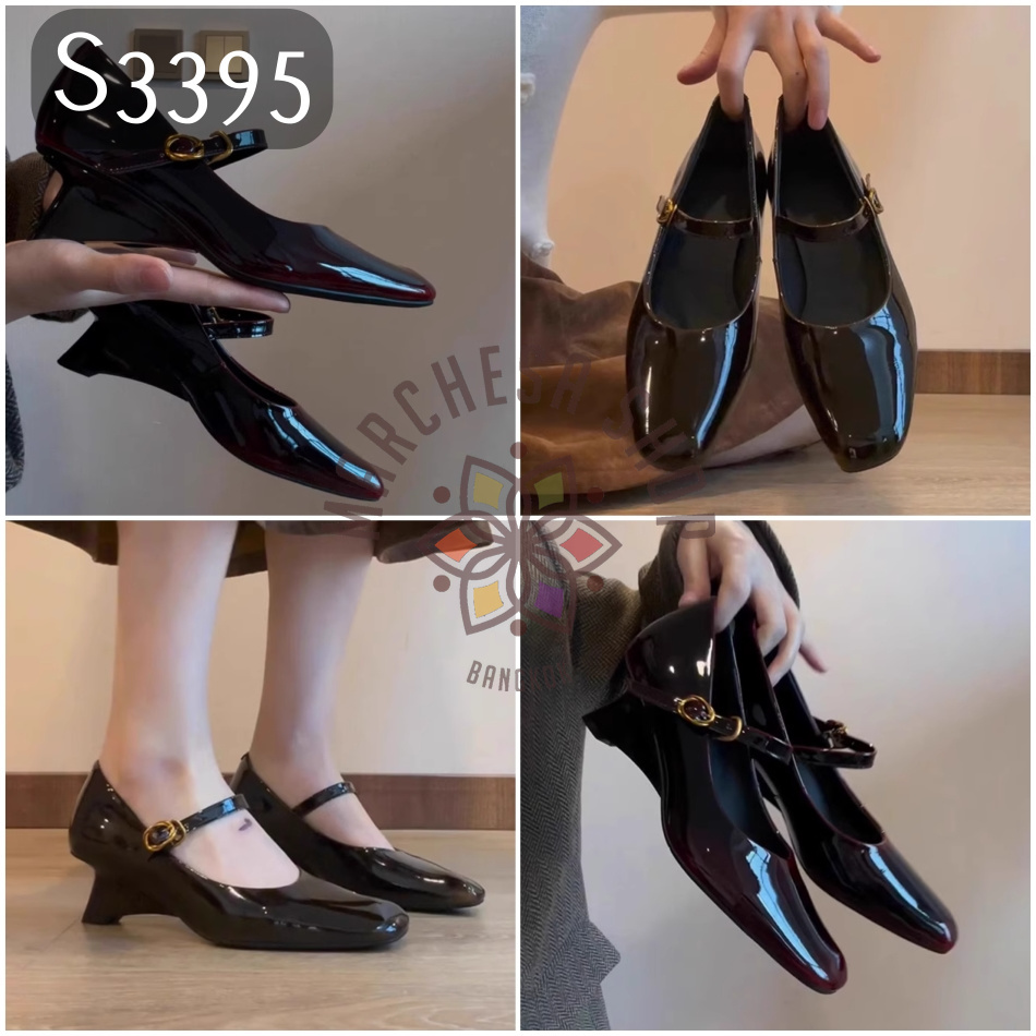 S3395 - 牛漆皮暗色一字帶方頭高船踭鞋