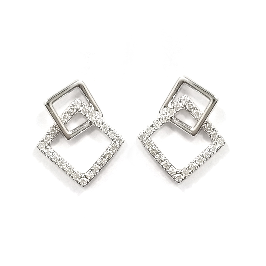 18K白金天然鑽石方形耳環
