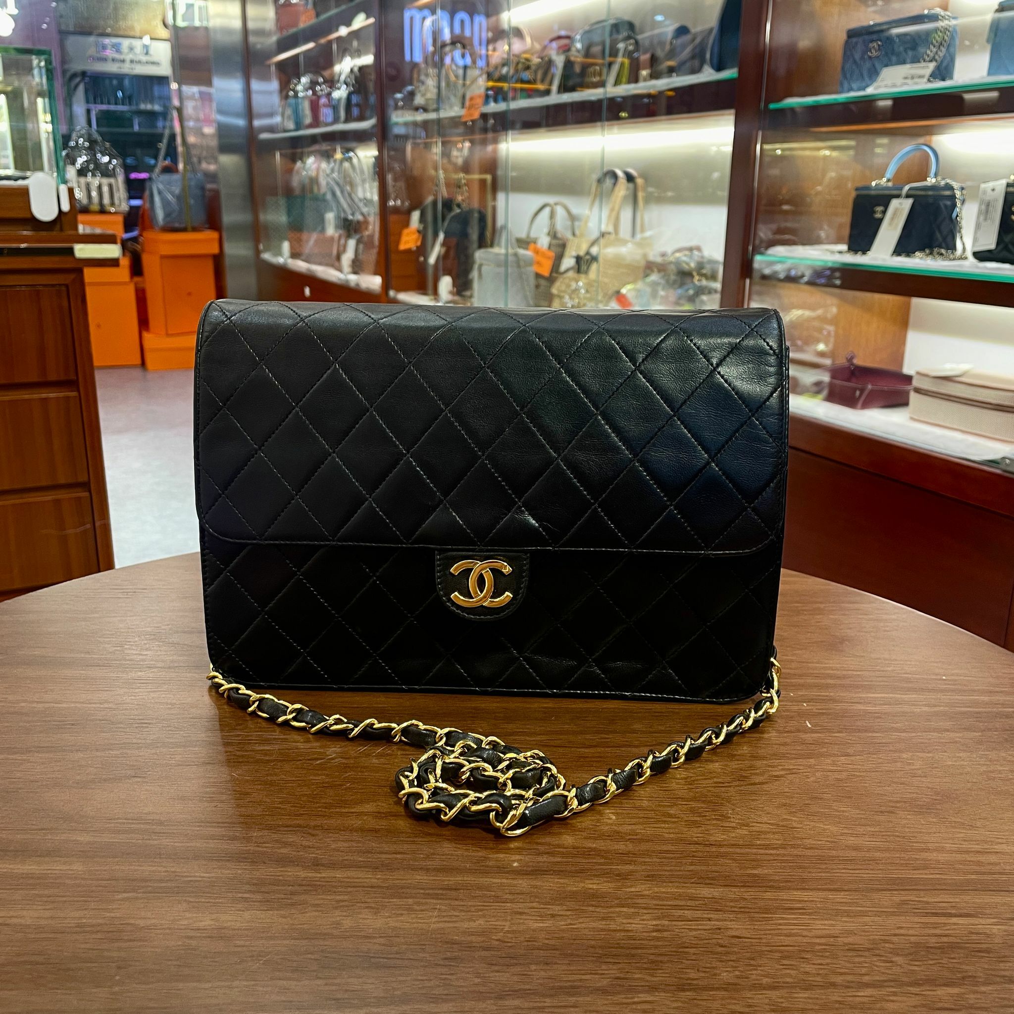 98%NEW二手CHANEL單肩袋/斜背袋 Vintage A03570 黑色菱格紋小羊皮金扣 #香榭站正品