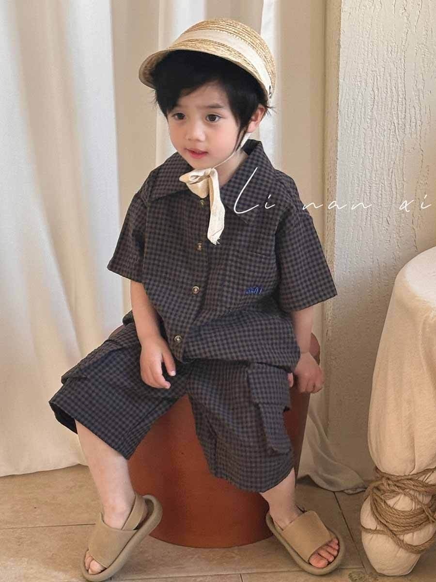 復古條紋格紋襯衫套裝