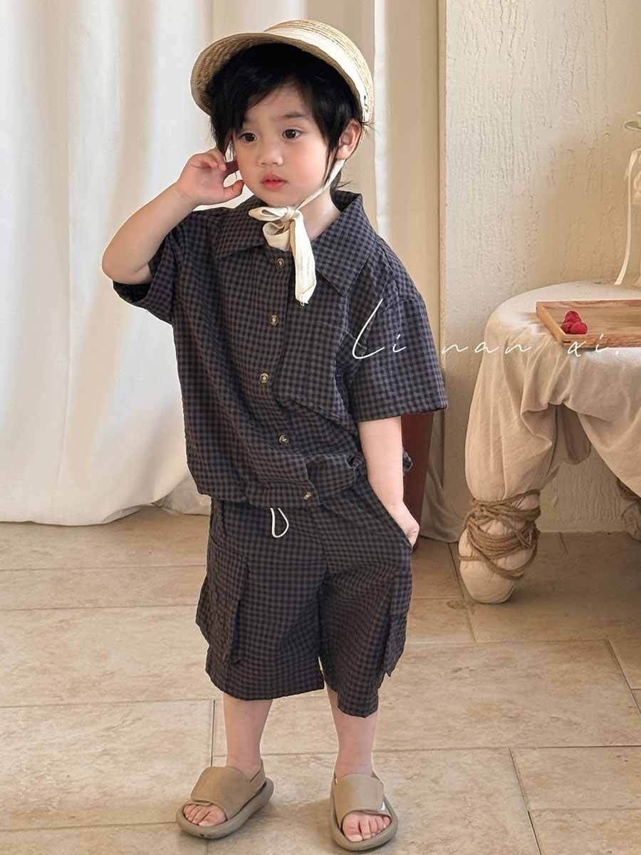 復古條紋格紋襯衫套裝