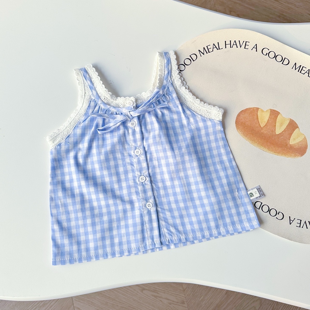 寶寶藍格子背心/米白裙