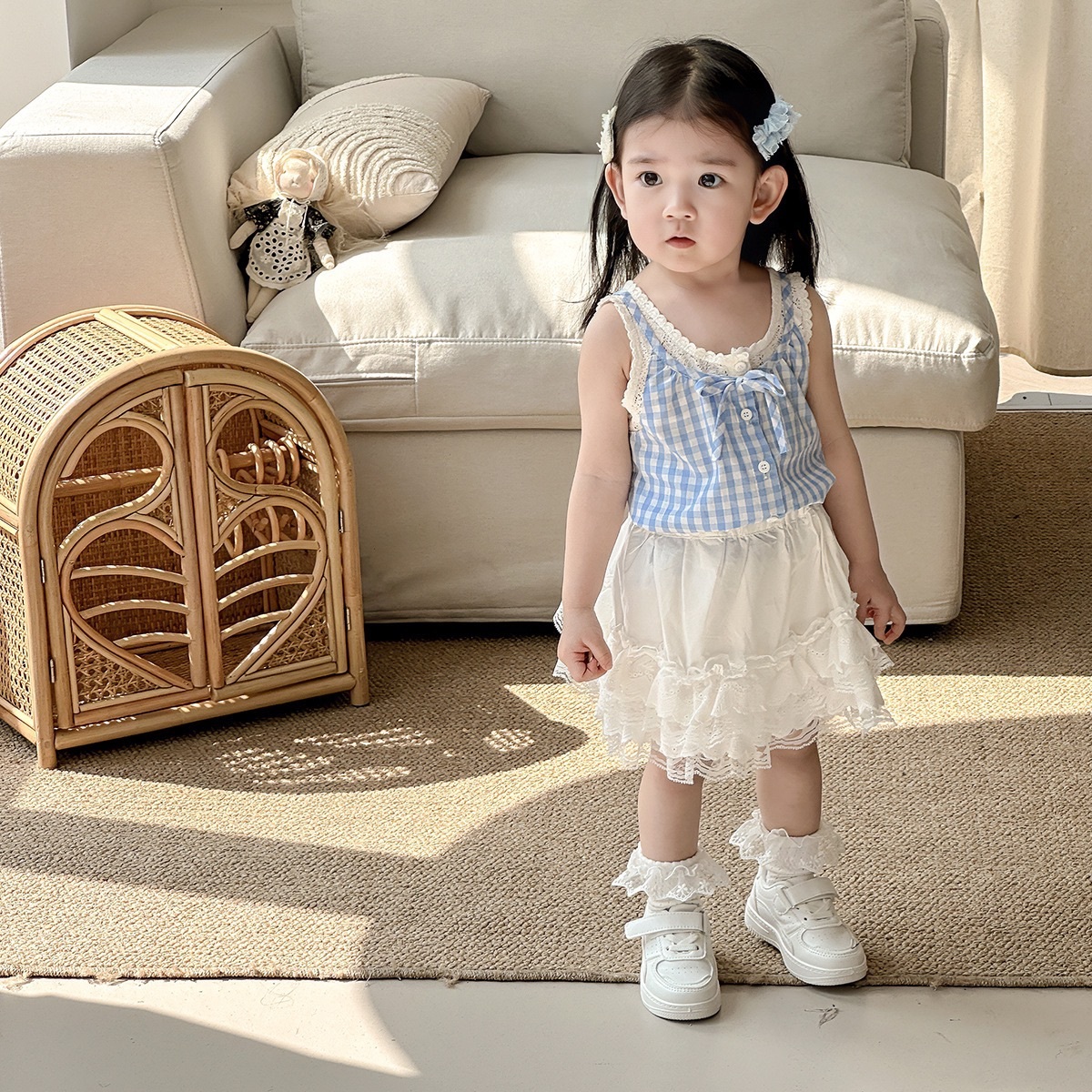 寶寶藍格子背心/米白裙