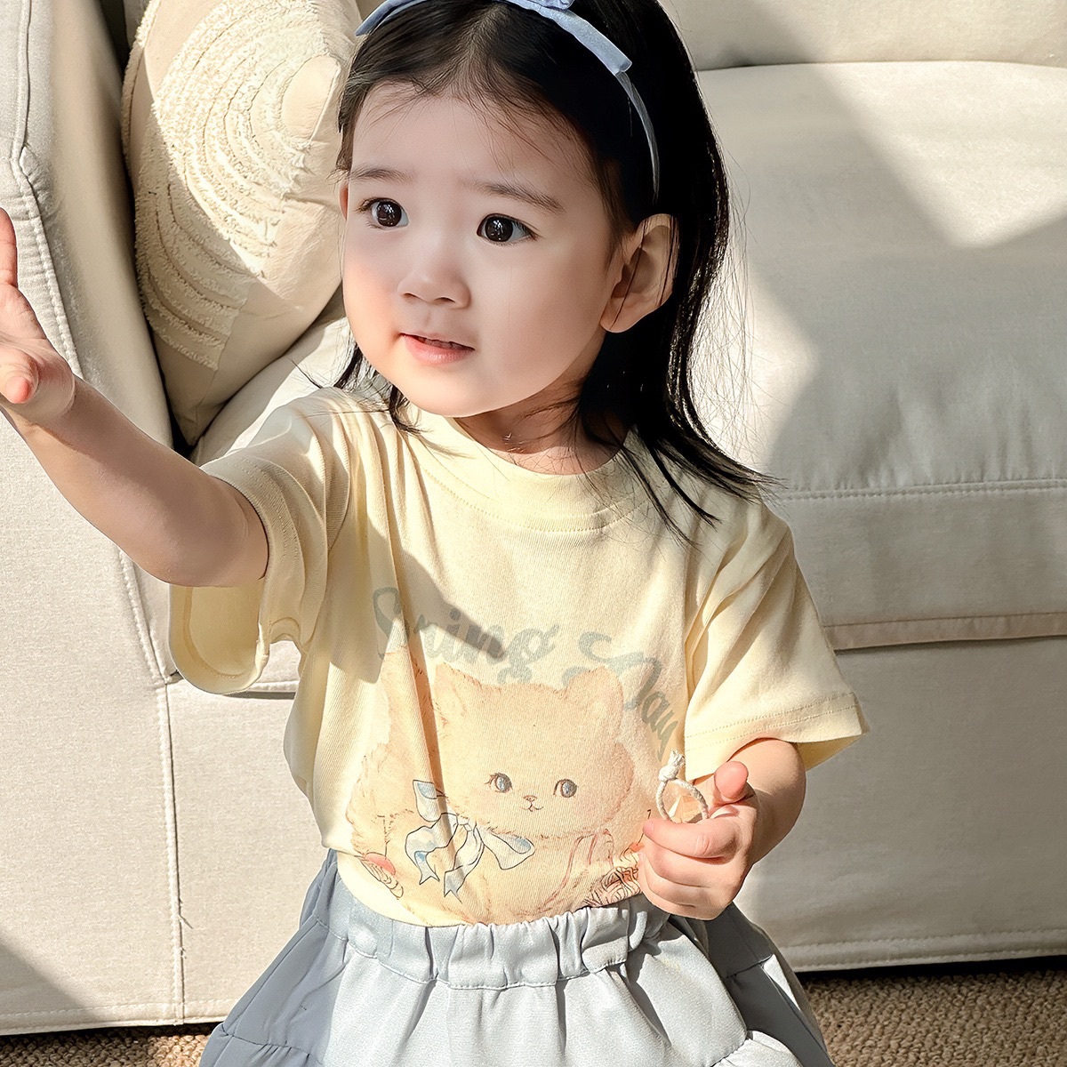 暖黃貓貓上衣/藍色蛋糕裙