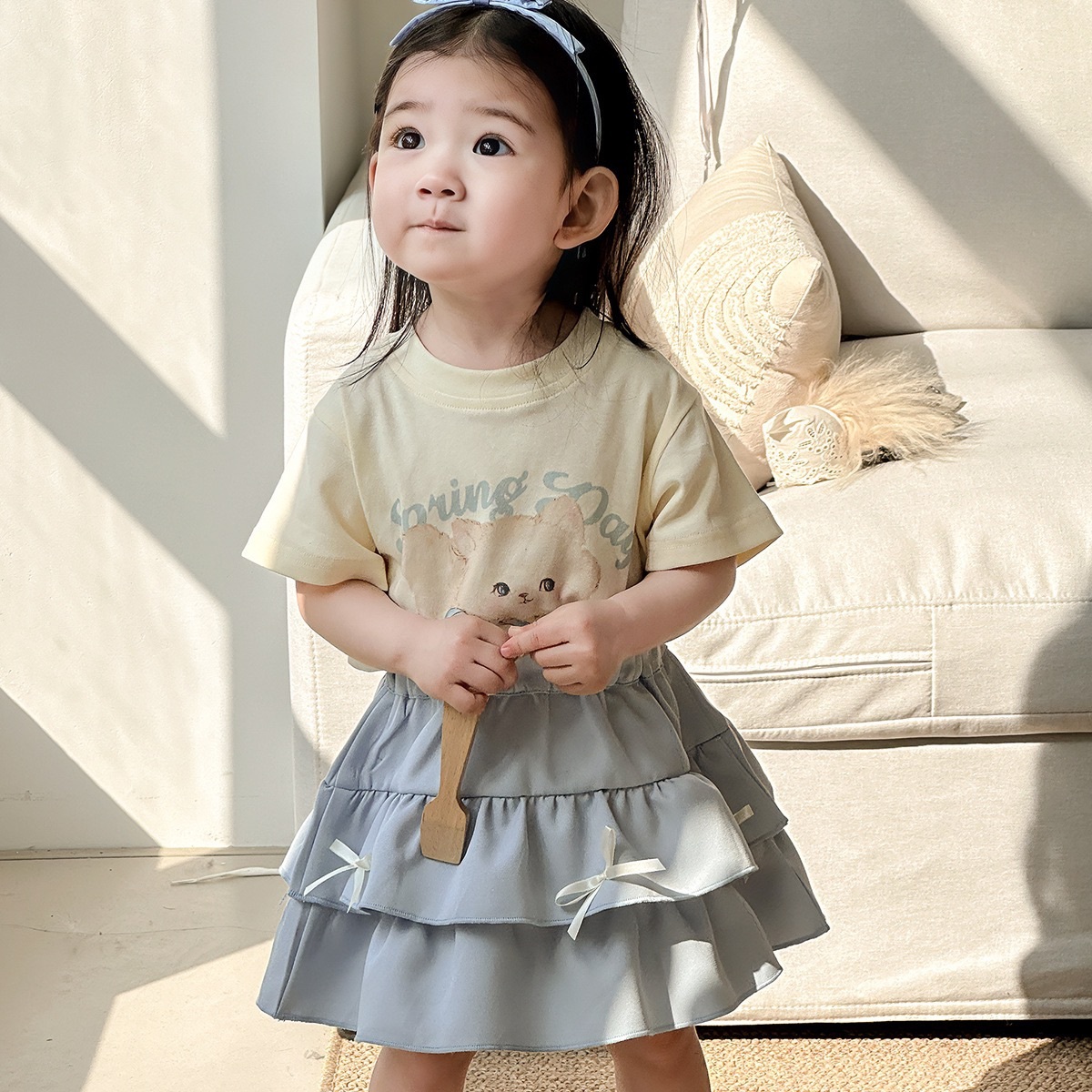 暖黃貓貓上衣/藍色蛋糕裙