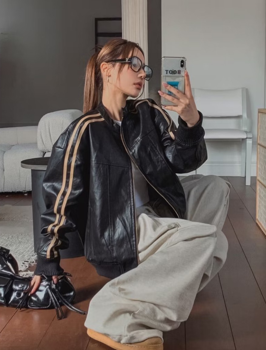 頸扣條紋皮外套