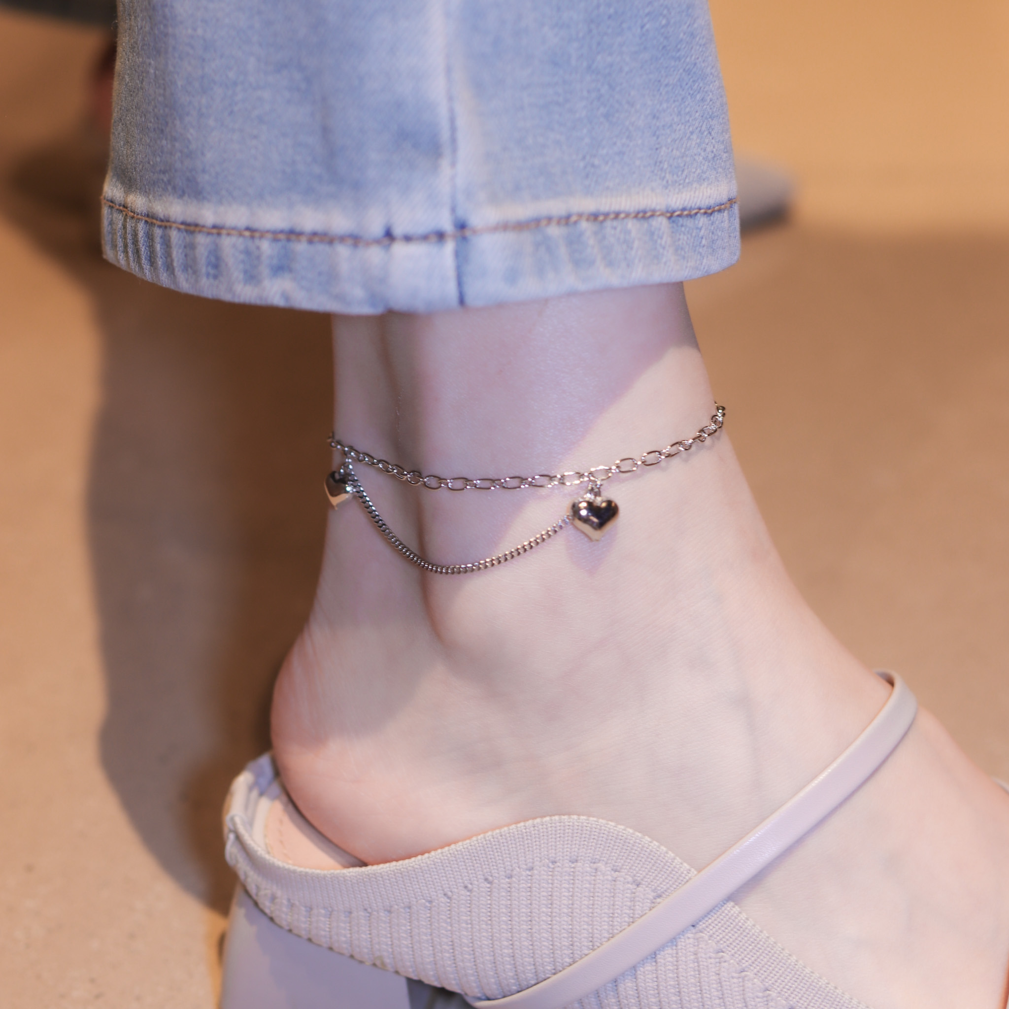 | 925純銀・白金丨我愛你雙層腳鏈 | AN0117 |