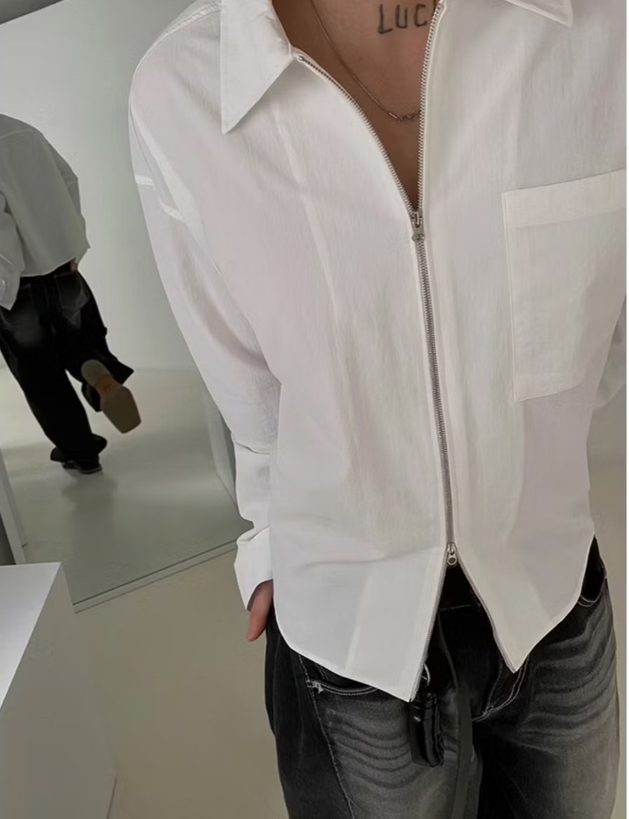 素面拉鍊長袖襯衫