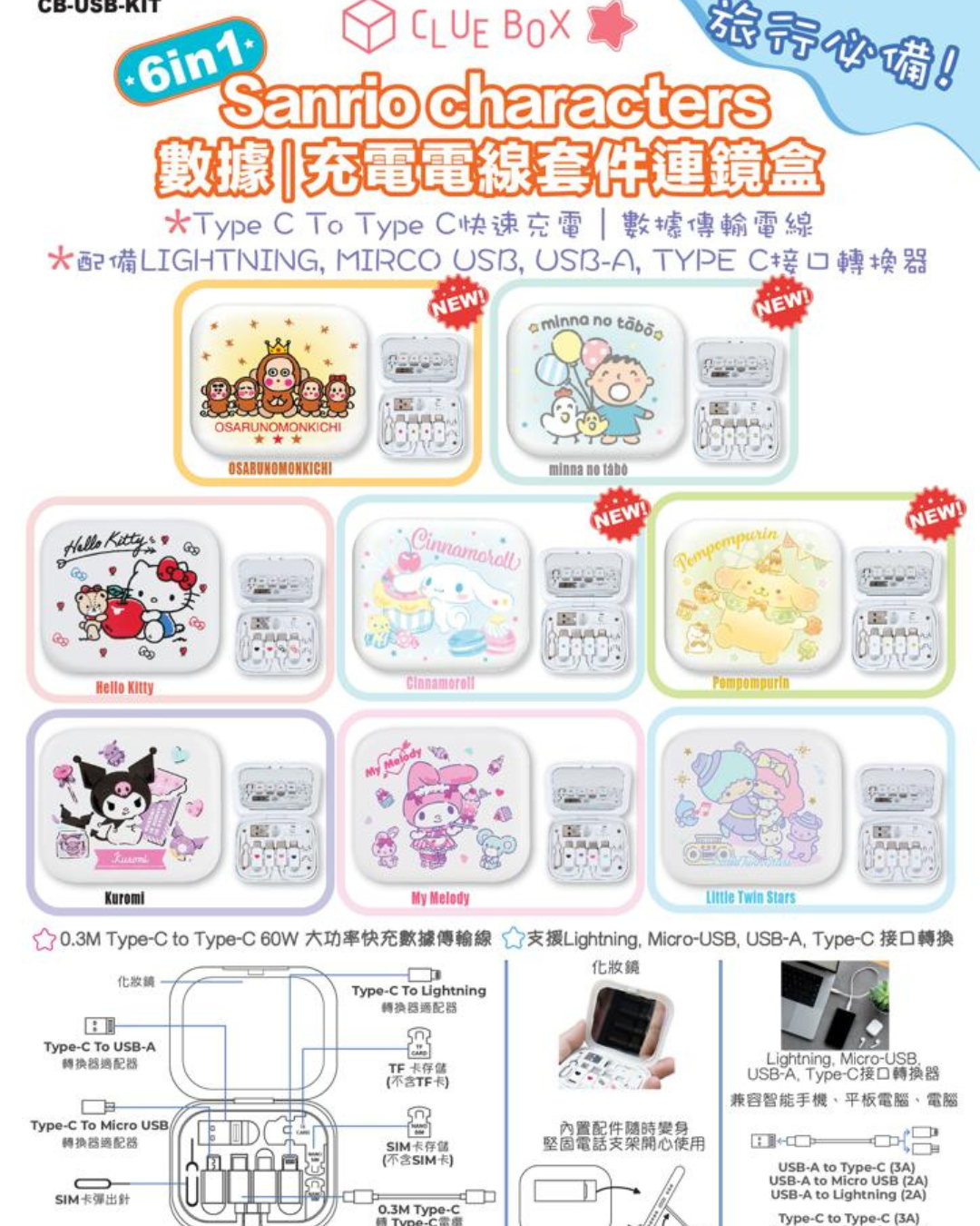 現 貨丨Clue Box🎁 ✖️ Sanrio character 🎀 6 合1 數據/充電線套件連鏡盒🔋📲