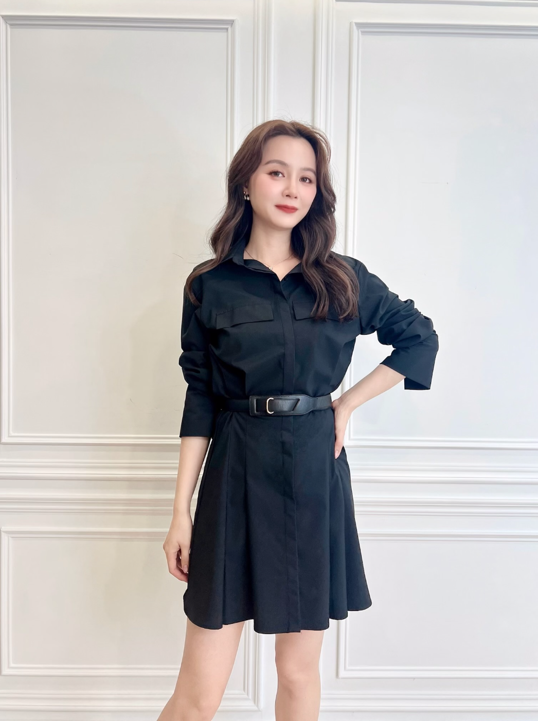 襯衫腰身百褶短洋