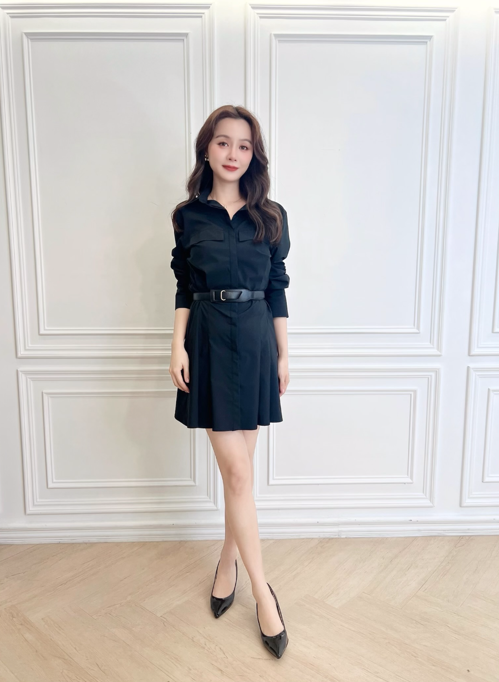 襯衫腰身百褶短洋