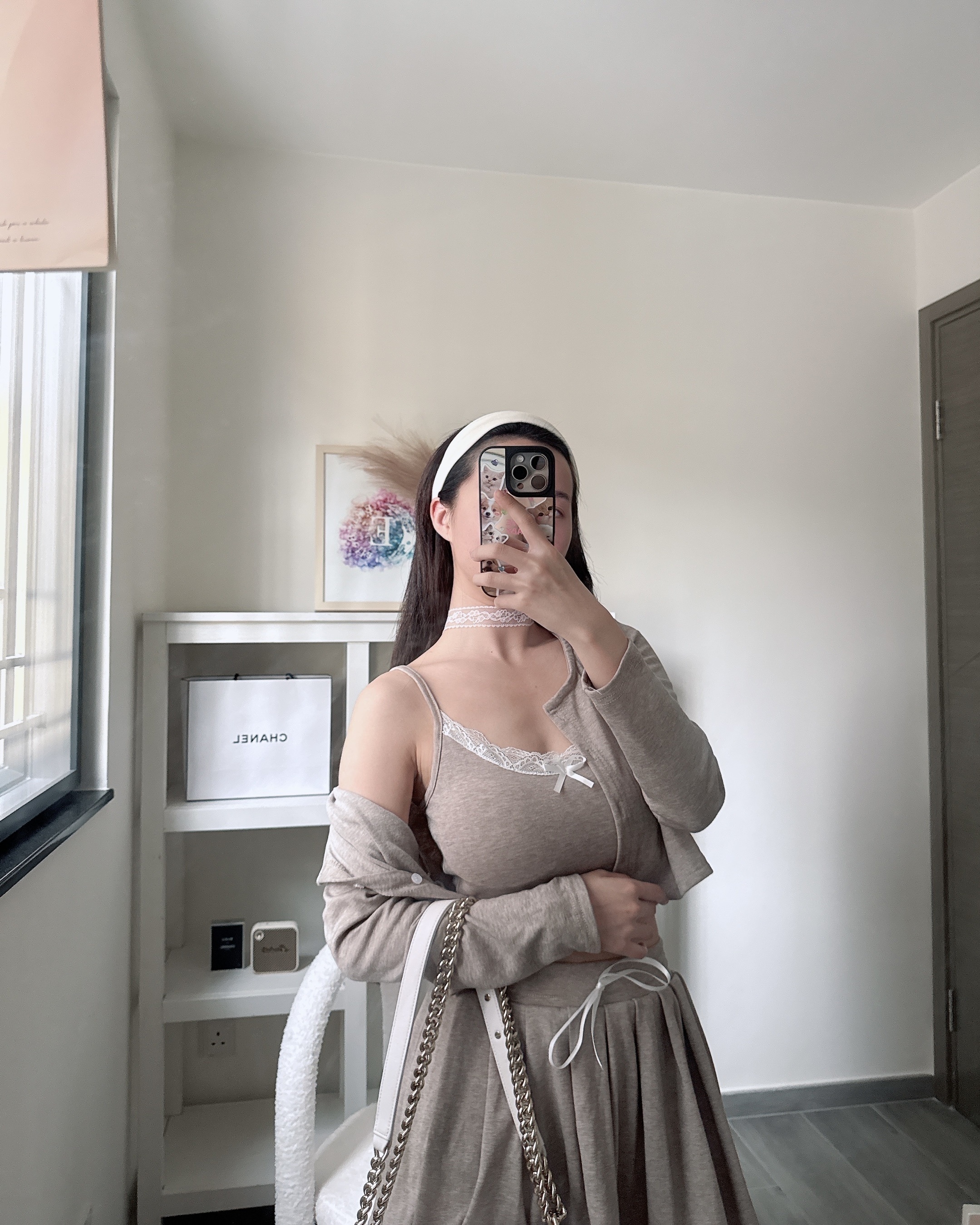 🇹🇼細肩蕾絲罩杯背心+外套+高腰百摺裙set