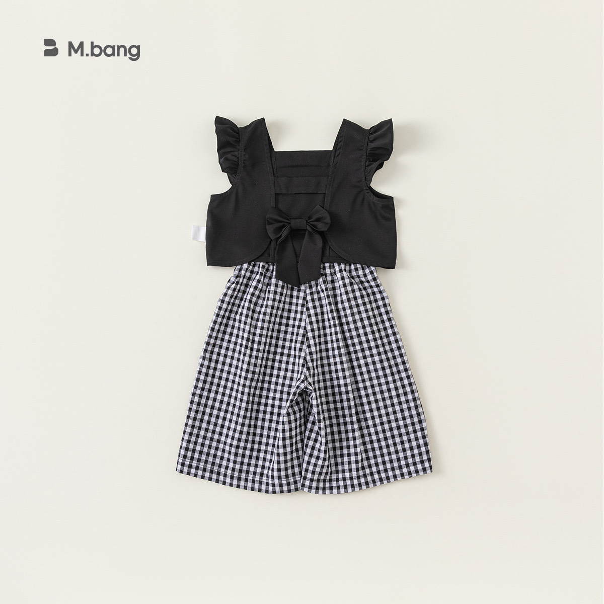 甜美後蝴蝶結上衣+格紋寬褲套裝