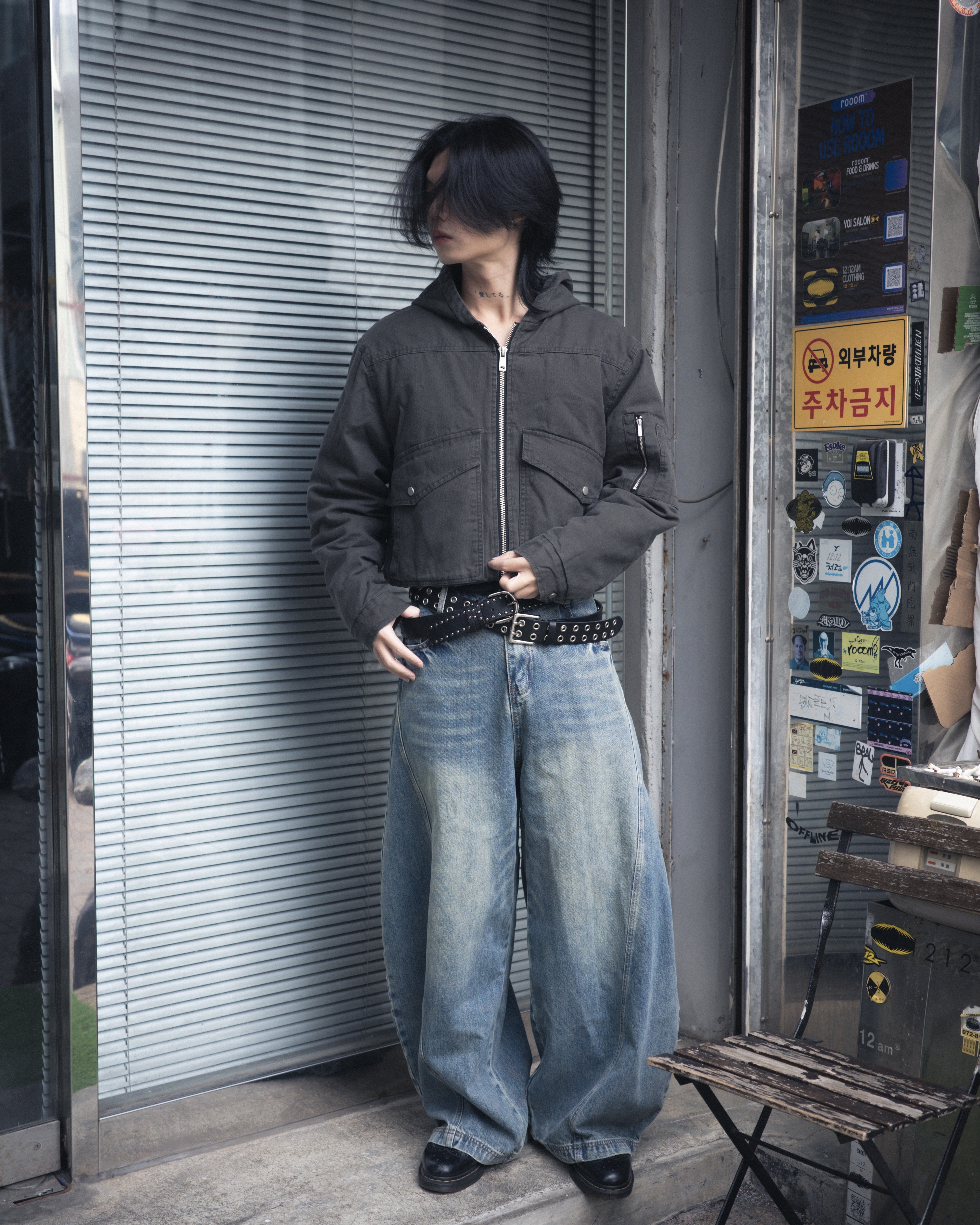 JIN UNIVERSAL復古彎刀水洗牛仔長褲