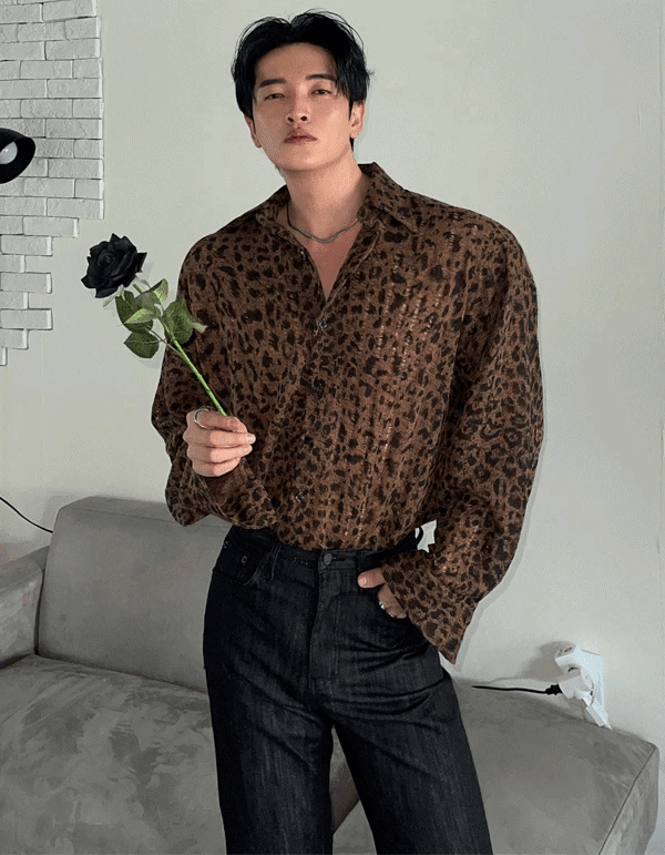 豹紋透視感長袖襯衫