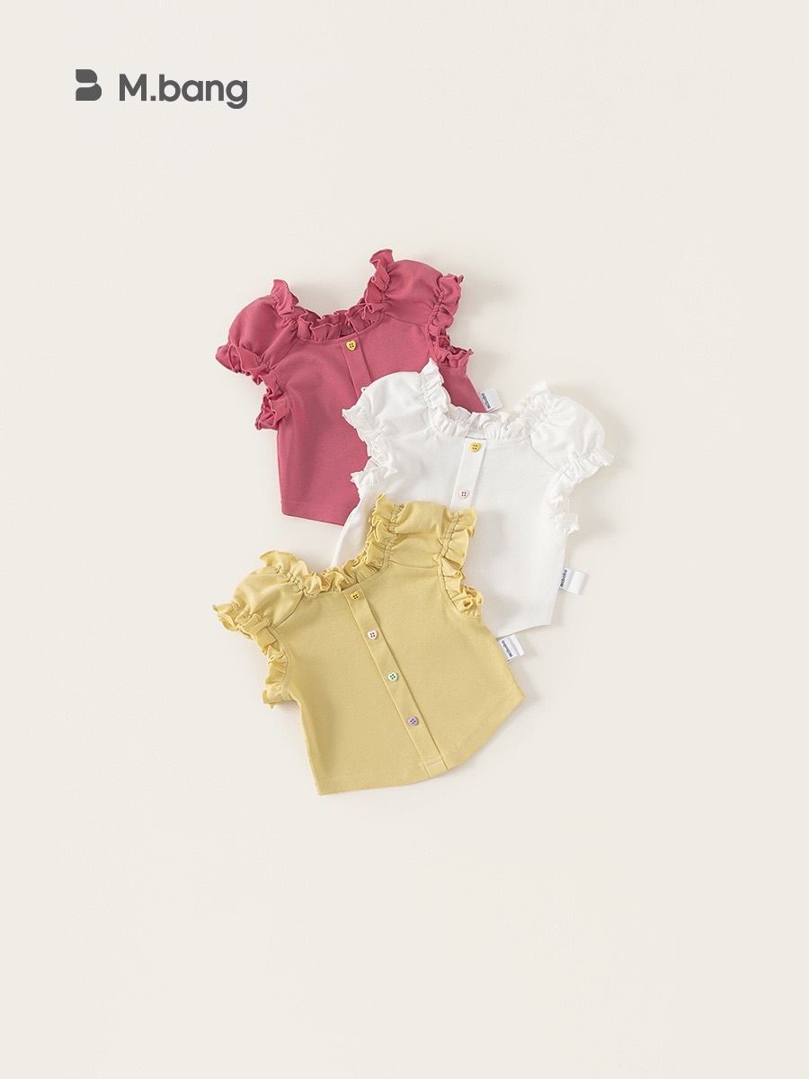 三色多巴胺修身木耳邊上衣