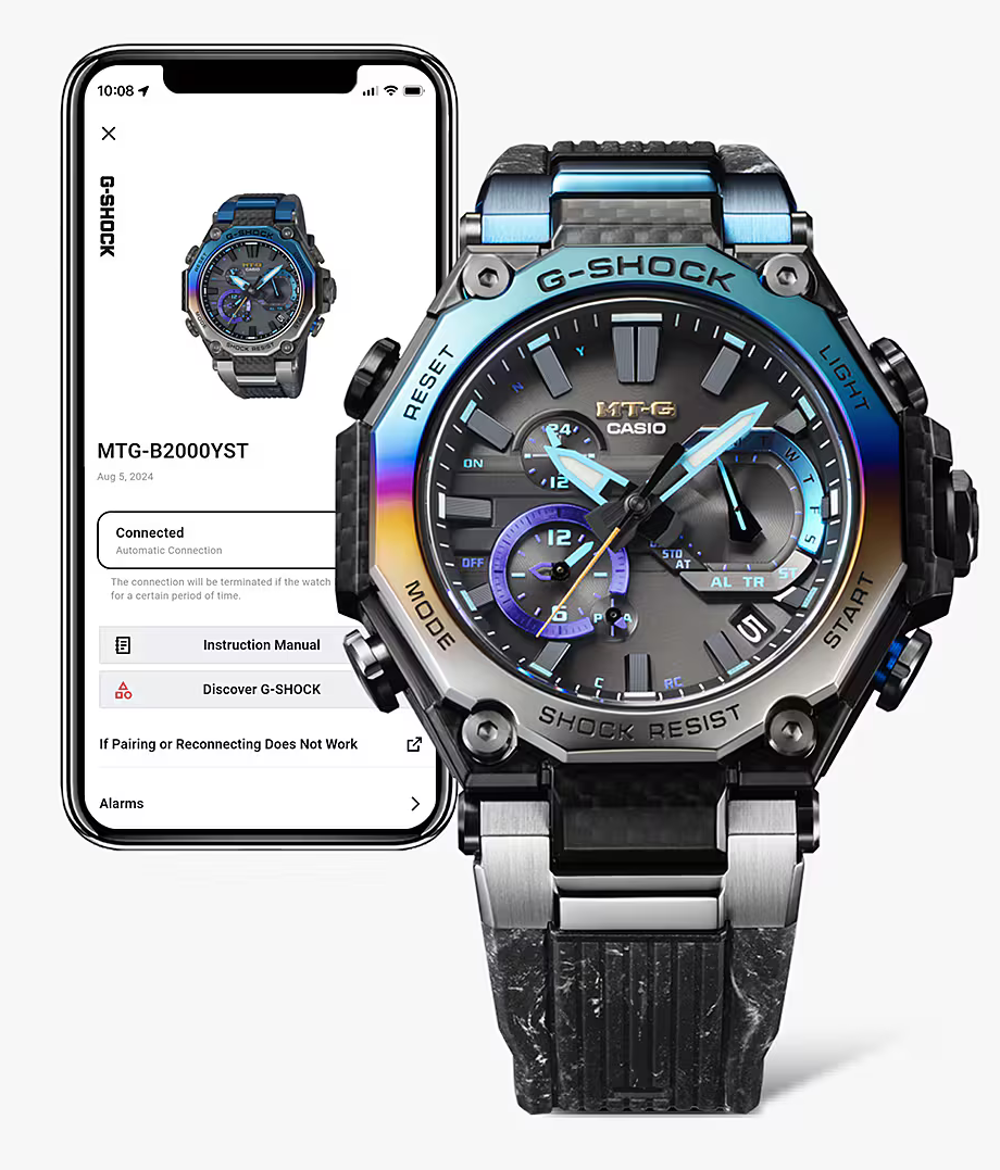 萬年鐘錶 - G-SHOCK  MT-G系列  漸層彩虹圈暴風雲錶帶太陽能藍芽電波耐震男錶  MTG-B2000YST-1A  錶徑 : 49.8mm