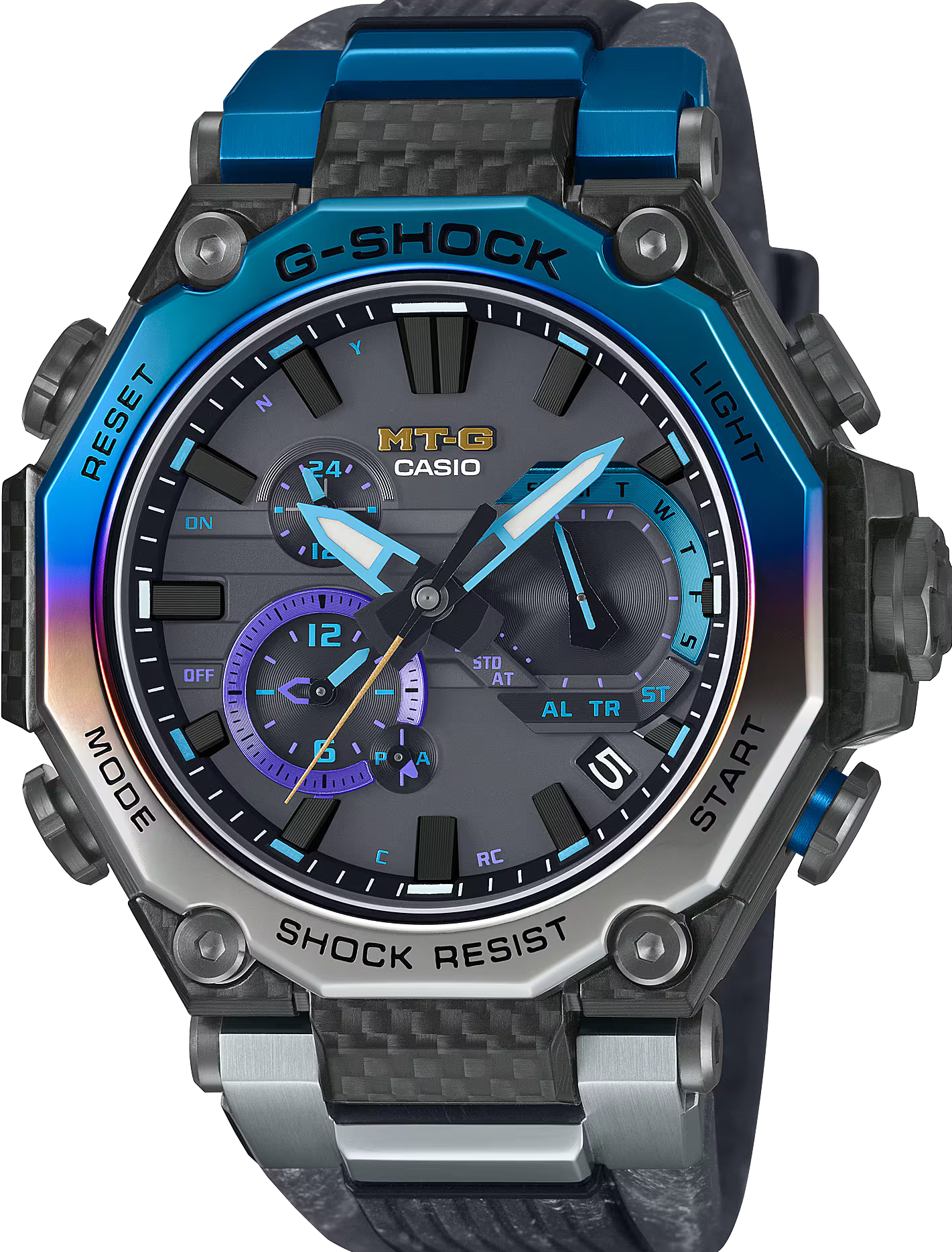 萬年鐘錶 - G-SHOCK  MT-G系列  漸層彩虹圈暴風雲錶帶太陽能藍芽電波耐震男錶  MTG-B2000YST-1A  錶徑 : 49.8mm