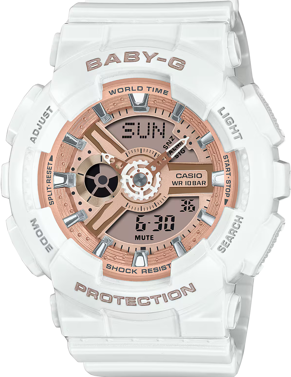 萬年鐘錶 - BABY-G  柔美玫瑰金設計休閒運動雙顯錶電子錶 BA-110X-7A1 錶徑 : 43.4 MM