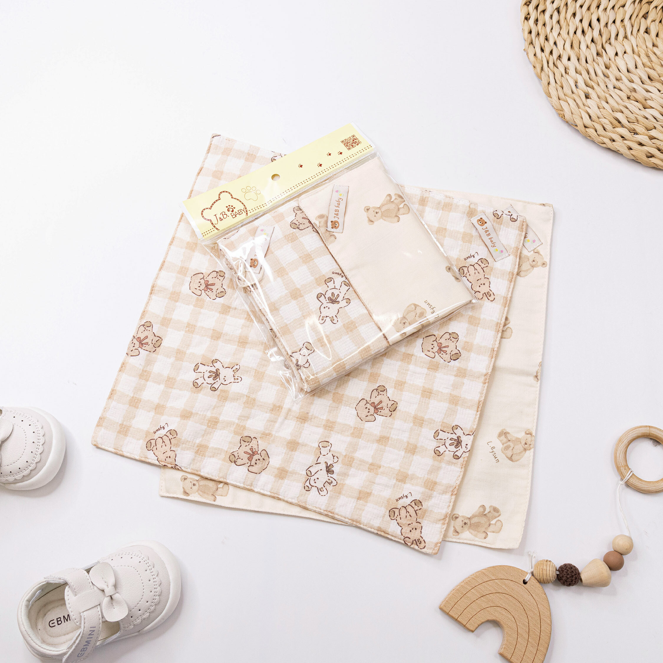 【JB0427】MIT熊兔格紋奶茶雙面純棉手帕(兩入一組)