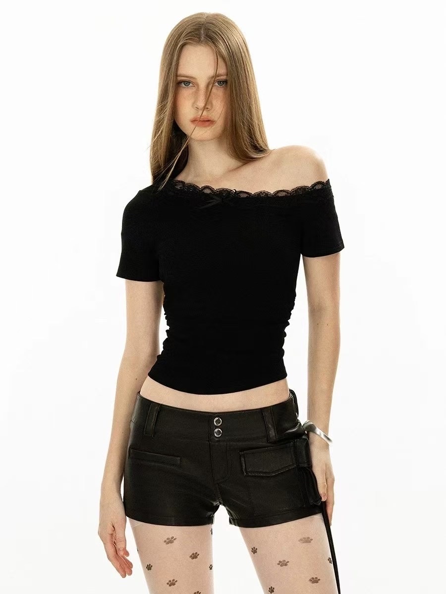 美式芭蕾風蕾絲斜肩上衣