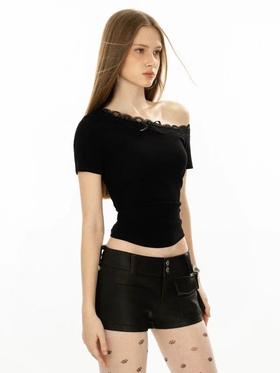 美式芭蕾風蕾絲斜肩上衣