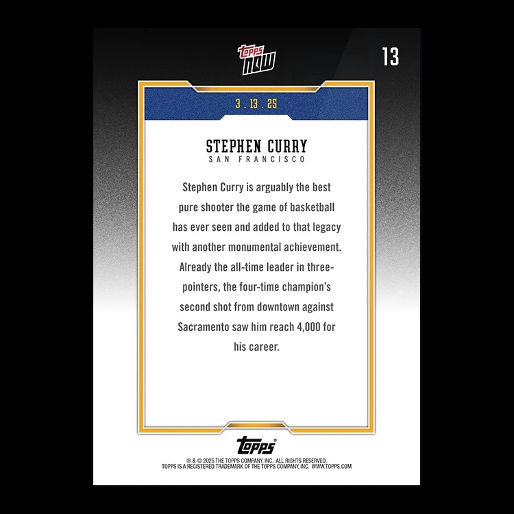 #現貨 2024-25 Topps NOW® Basketball Card 13 Steph Curry 4000顆三分球 紀念卡 珍藏卡