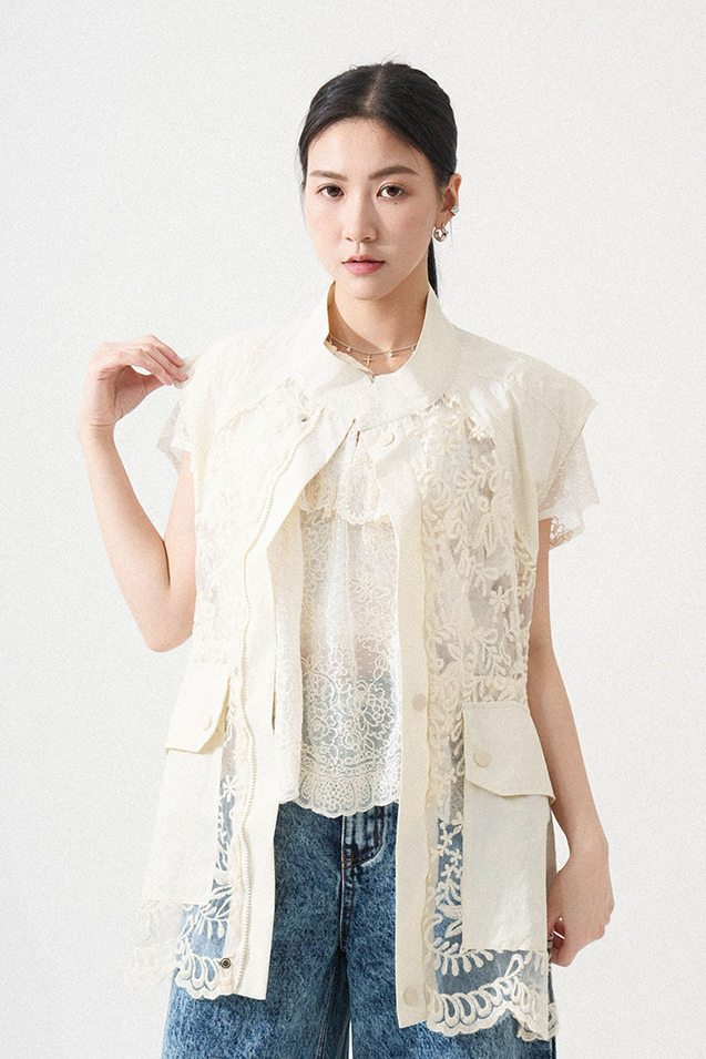 繡花網紗拼風褸背心外套 (現貨款式）