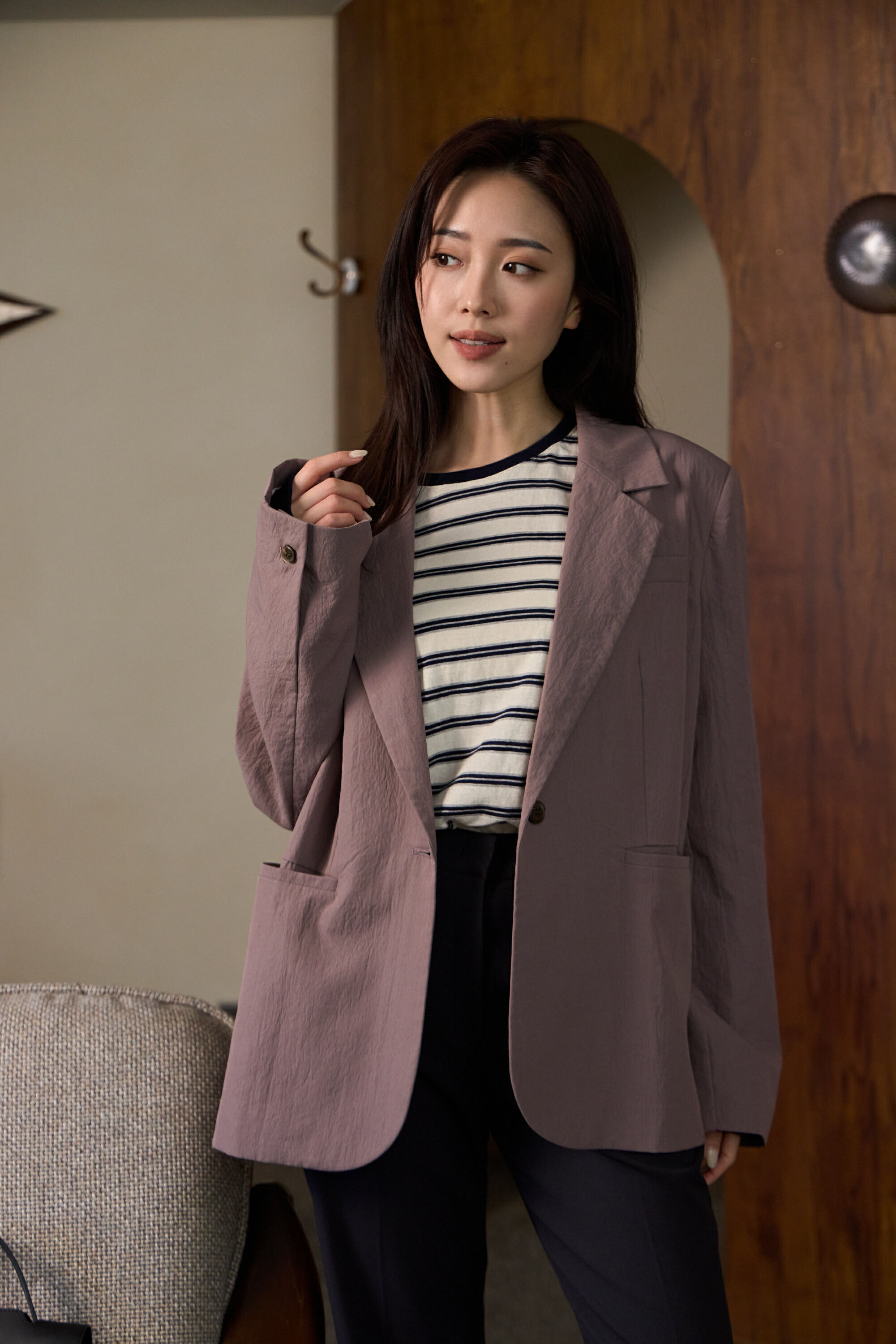 Gmade/抗皺免燙！柔光微墊肩西裝外套-莫蘭迪紫