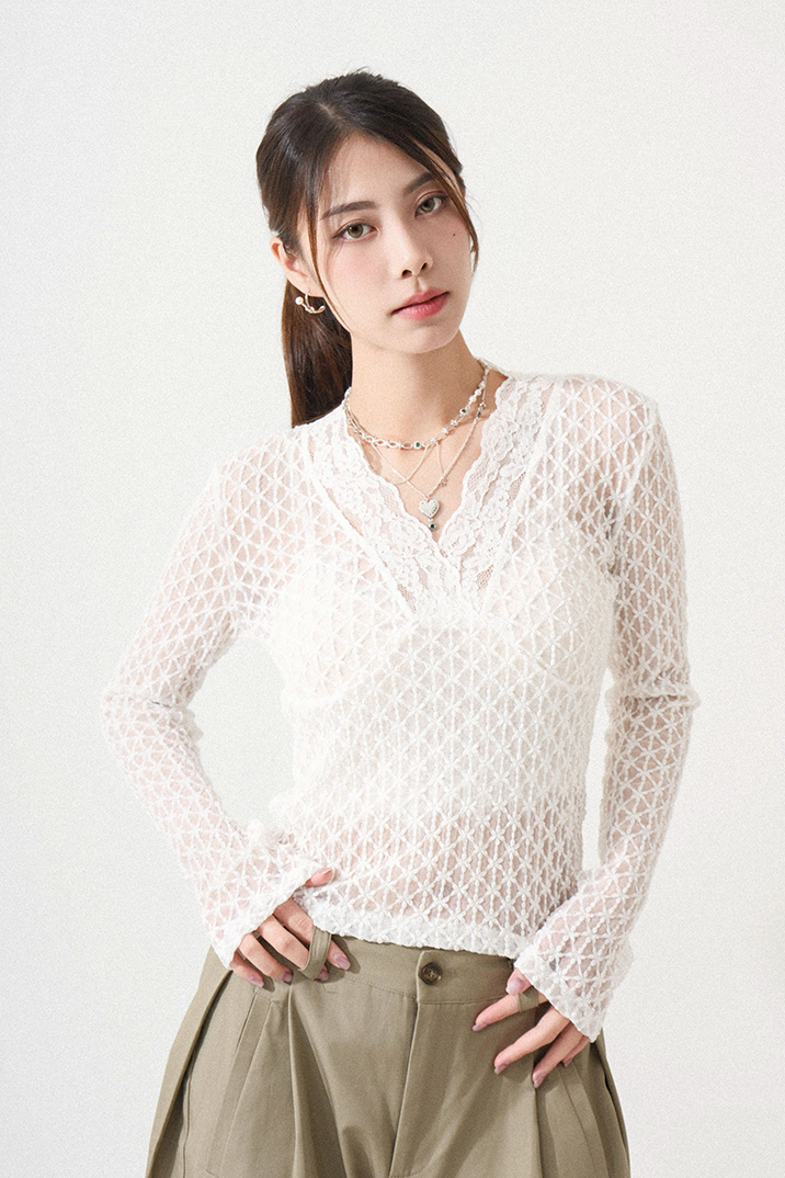 蕾絲領彈性織花網上衣 (現貨款式）