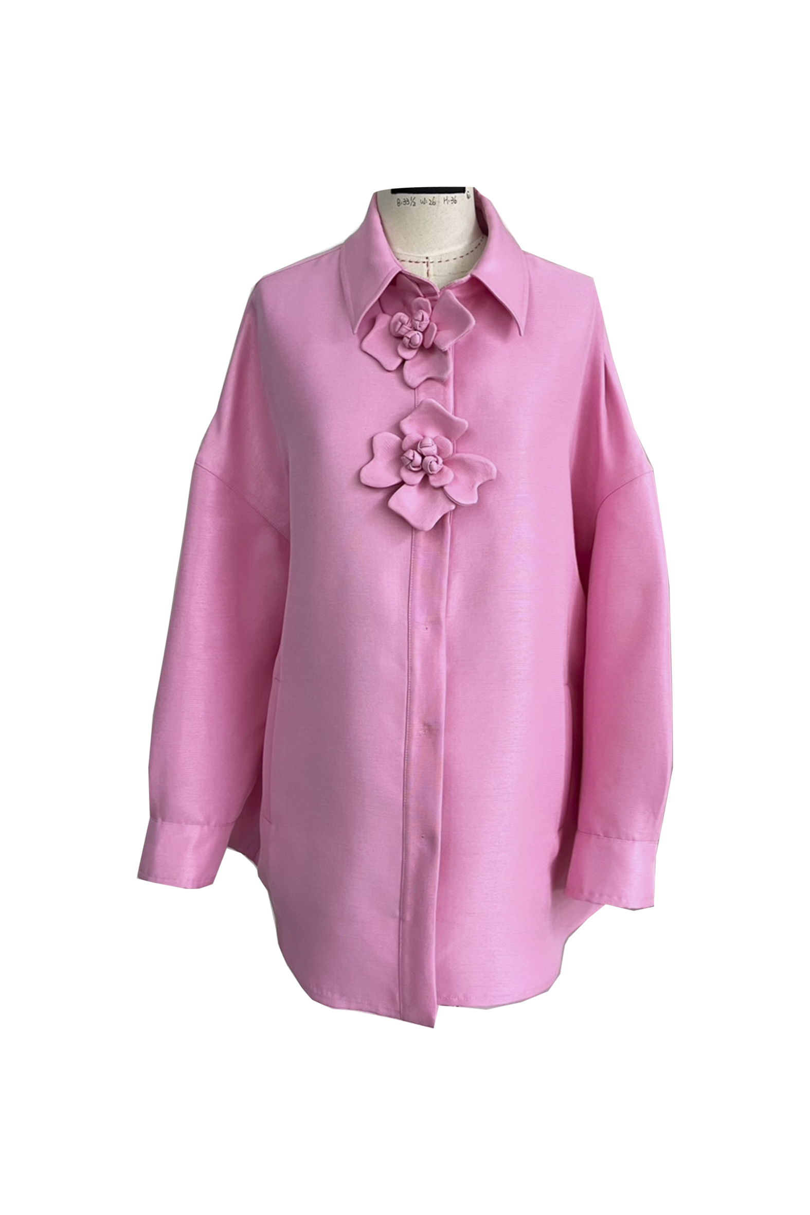 BE10067A1 立體花落肩綢緞襯衫式外套