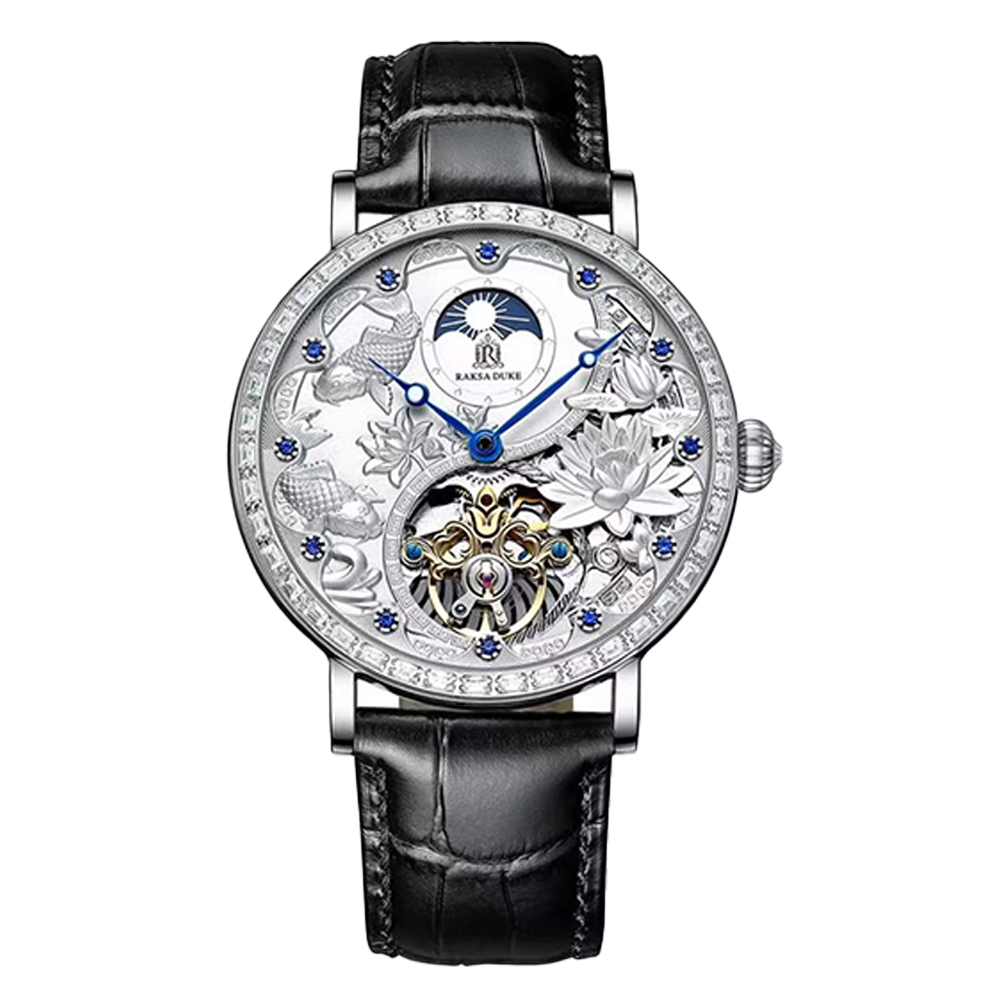 【RAKSA DUKE羅薩公爵】RSD-017 典雅花朵浮雕錶盤 晶鑽時標錶圈 日月星辰 夜光指針 小牛皮錶帶 機械錶-
