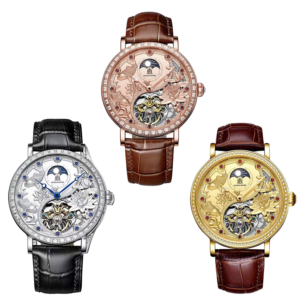 (預購)【RAKSA DUKE羅薩公爵】RSD-017 典雅花朵浮雕錶盤 晶鑽時標錶圈 日月星辰 夜光指針 小牛皮錶帶 機械錶