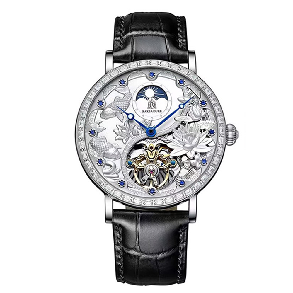 (預購)【RAKSA DUKE羅薩公爵】RSD-017 典雅花朵浮雕錶盤 晶鑽時標錶圈 日月星辰 夜光指針 小牛皮錶帶 機械錶