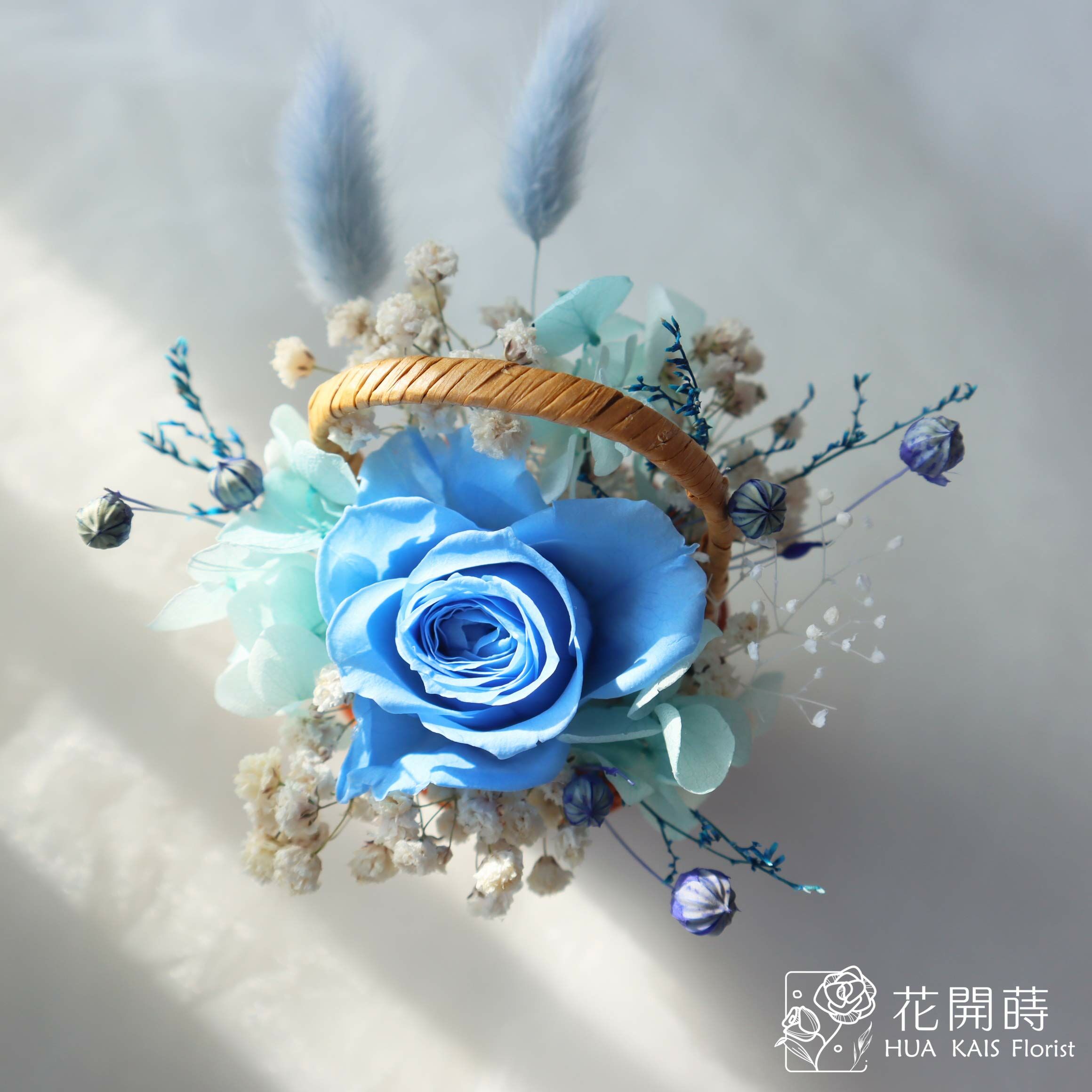 迷你小花籃|寶寶藍|永生玫瑰花|辦公室小桌花|永生花禮物