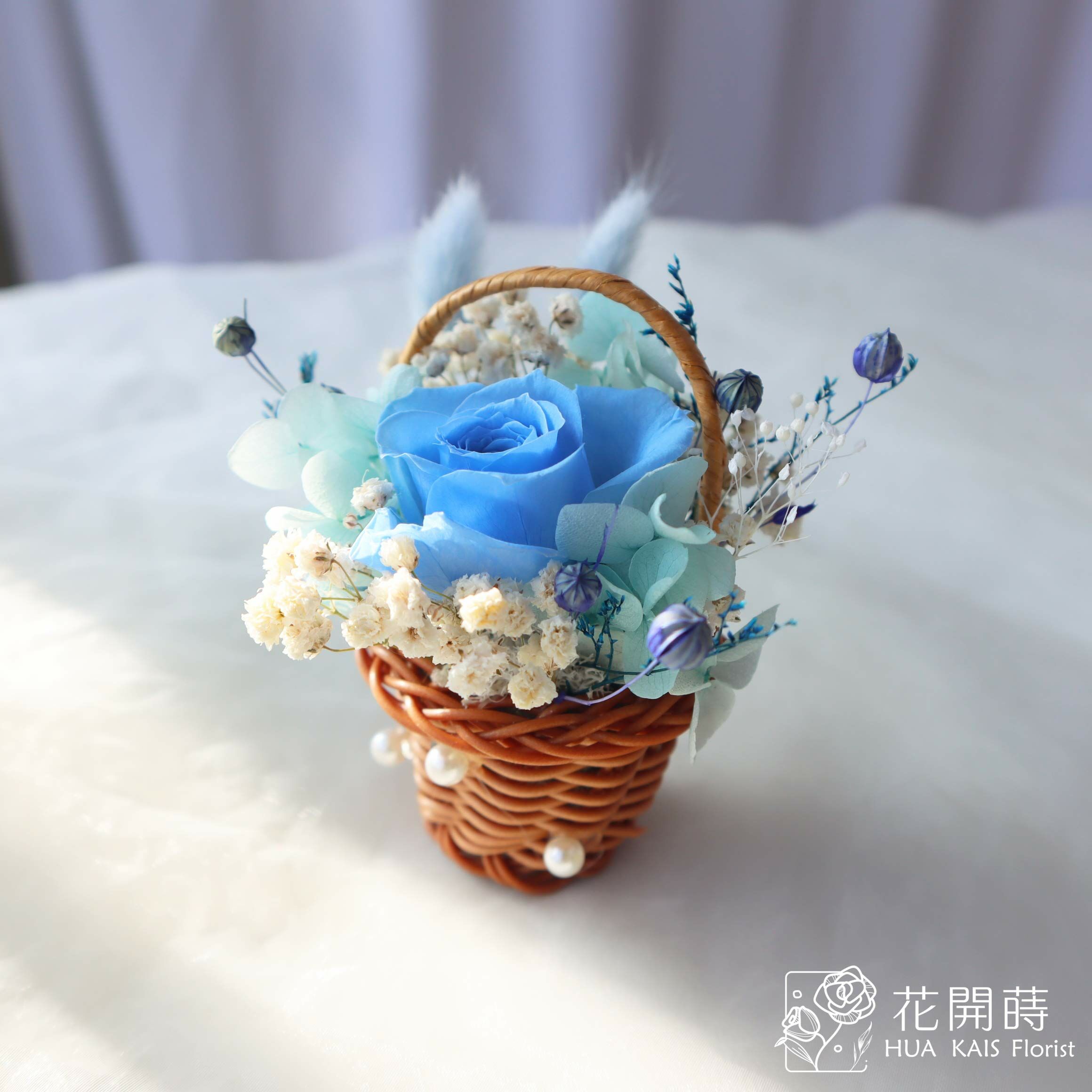 迷你小花籃|寶寶藍|永生玫瑰花|辦公室小桌花|永生花禮物