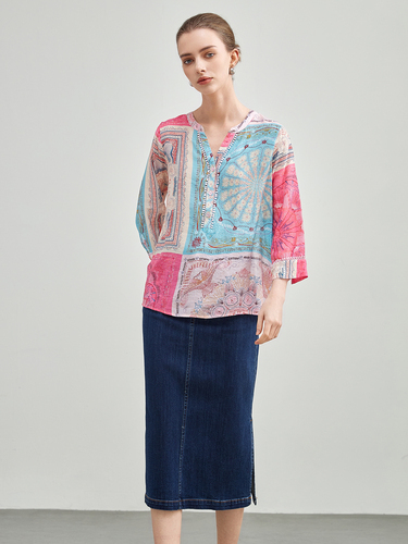 mi-tu印花V領上衣