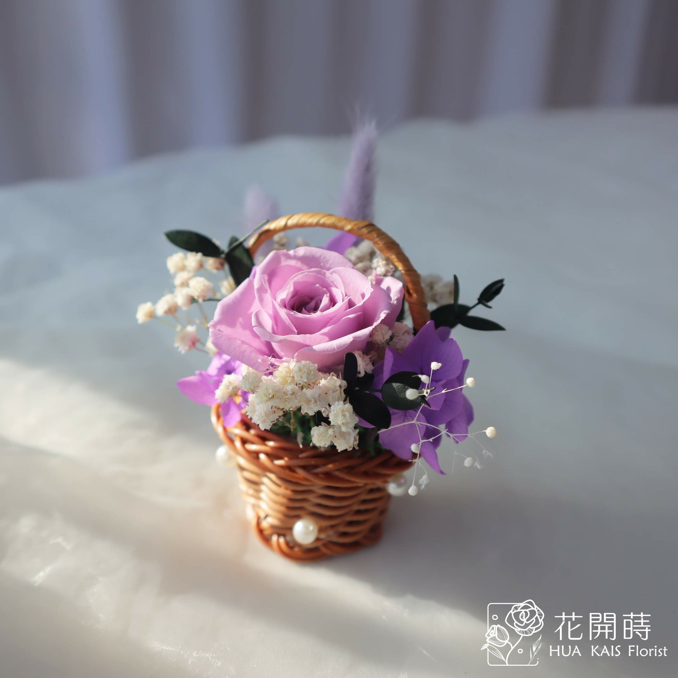 迷你小花籃|淡紫色|永生玫瑰花|辦公室小桌花|永生花禮物