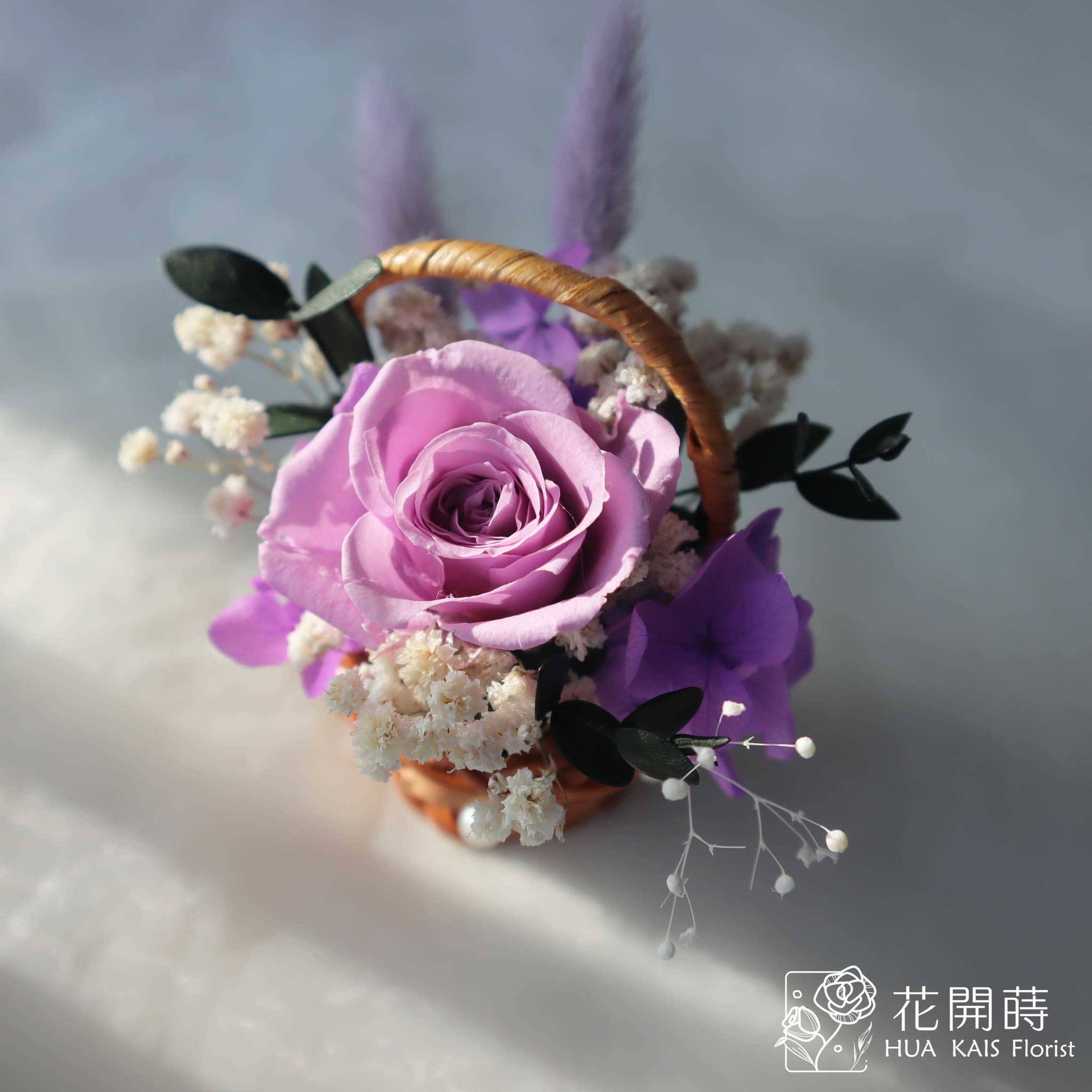 迷你小花籃|淡紫色|永生玫瑰花|辦公室小桌花|永生花禮物