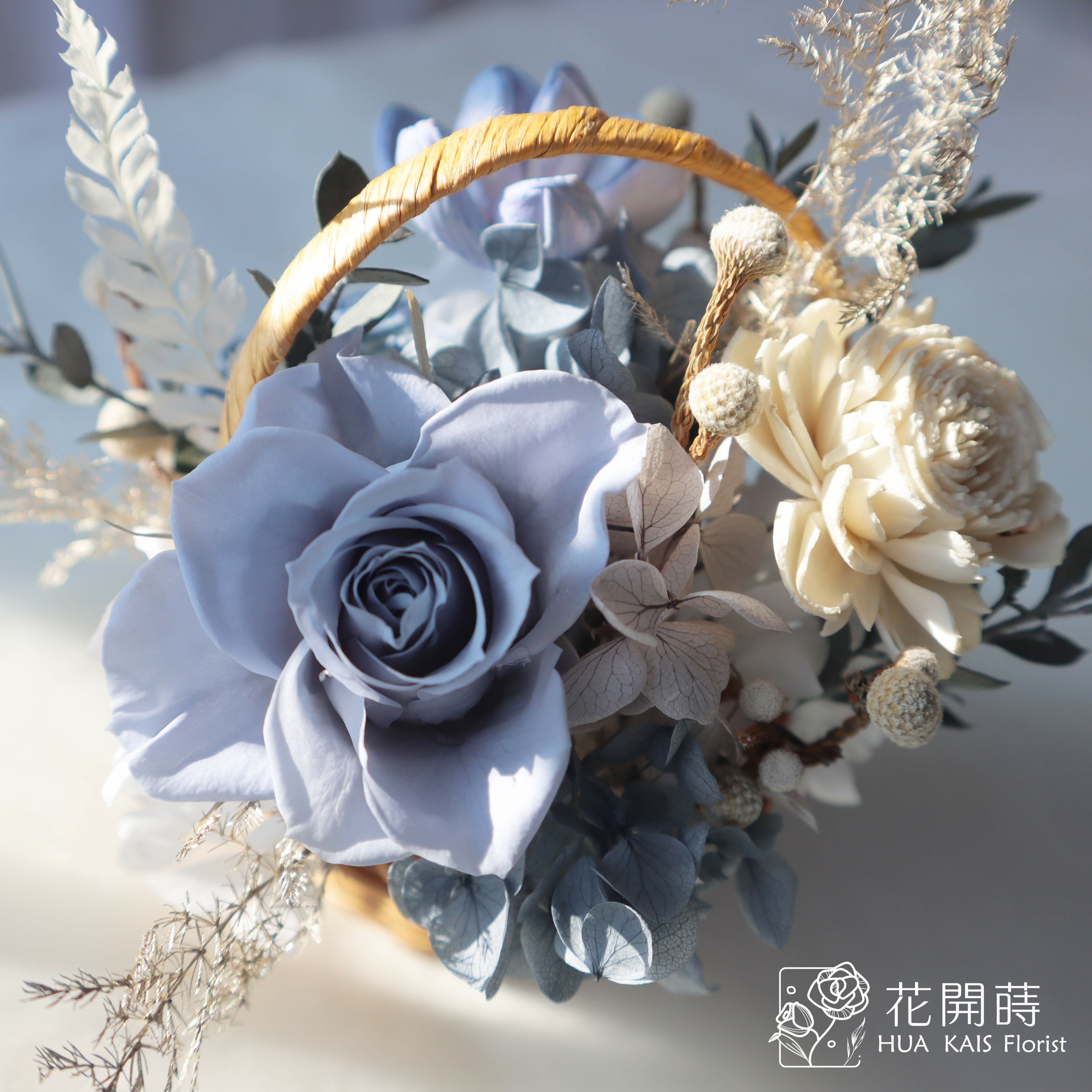 小花籃|莫蘭迪藍|永生玫瑰花|辦公室小桌花|永生花禮物