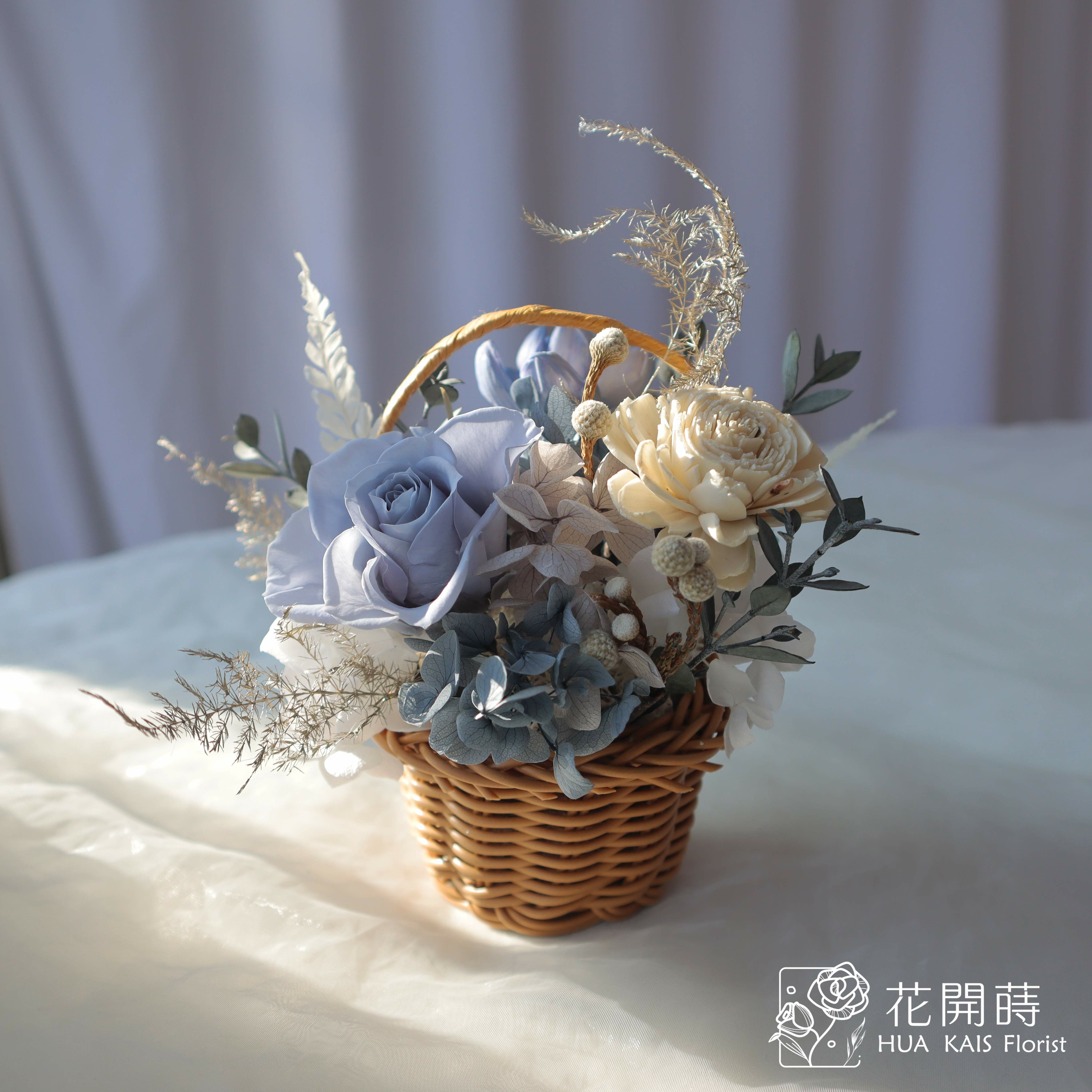 小花籃|莫蘭迪藍|永生玫瑰花|辦公室小桌花|永生花禮物