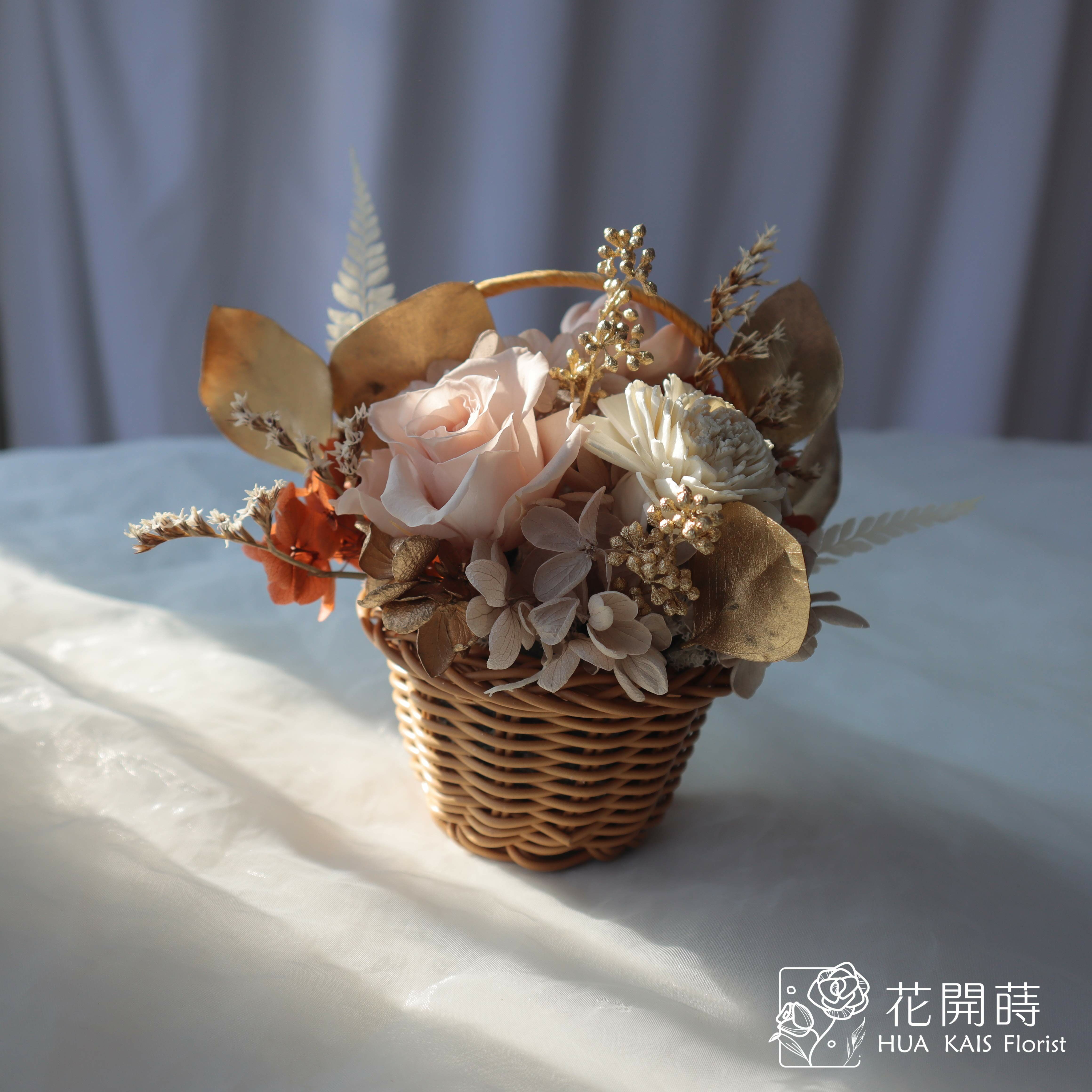 Diy小花籃|伯爵金|永生玫瑰花|辦公室小桌花|永生花禮物