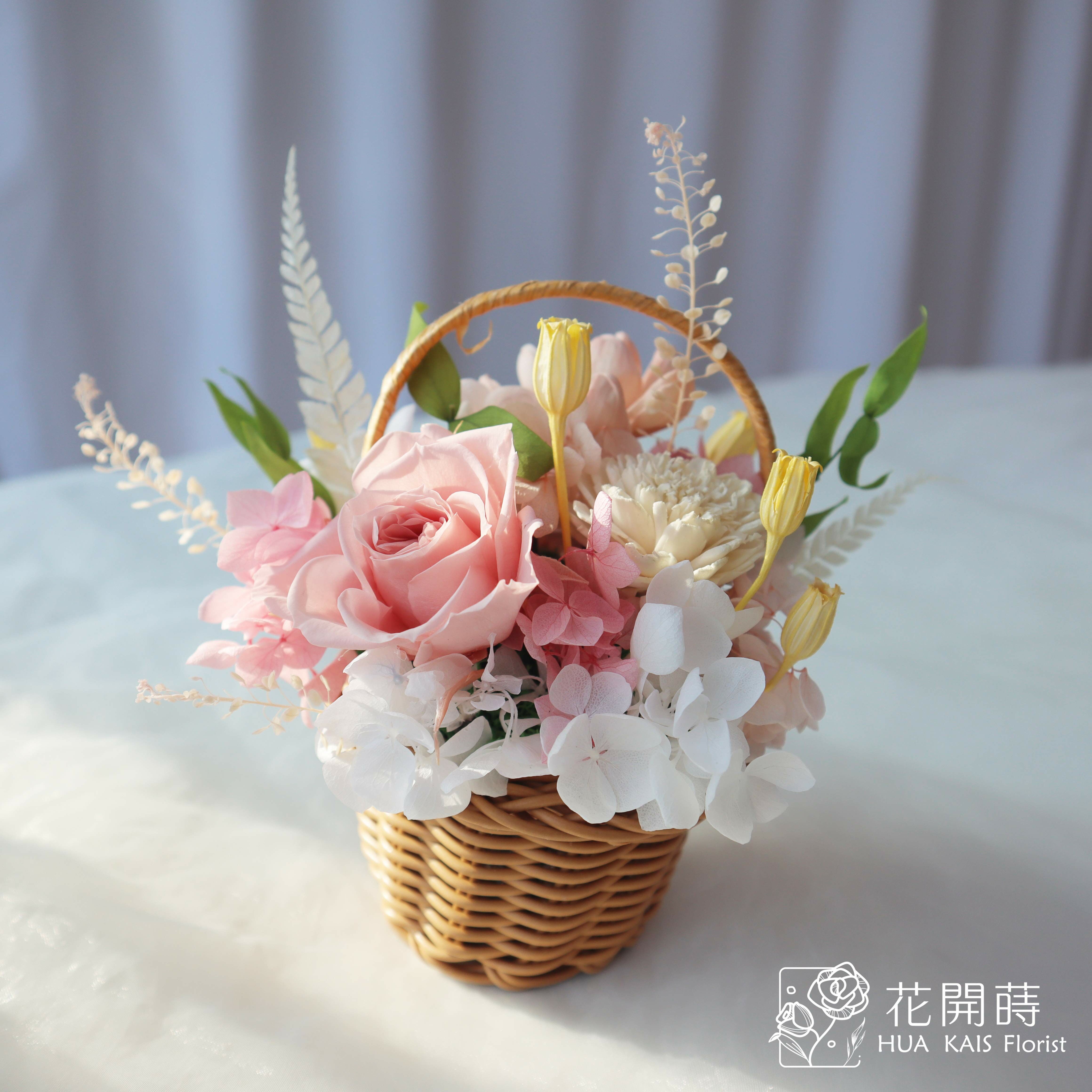 Diy小花籃|春天粉|永生玫瑰花|辦公室小桌花|永生花禮物