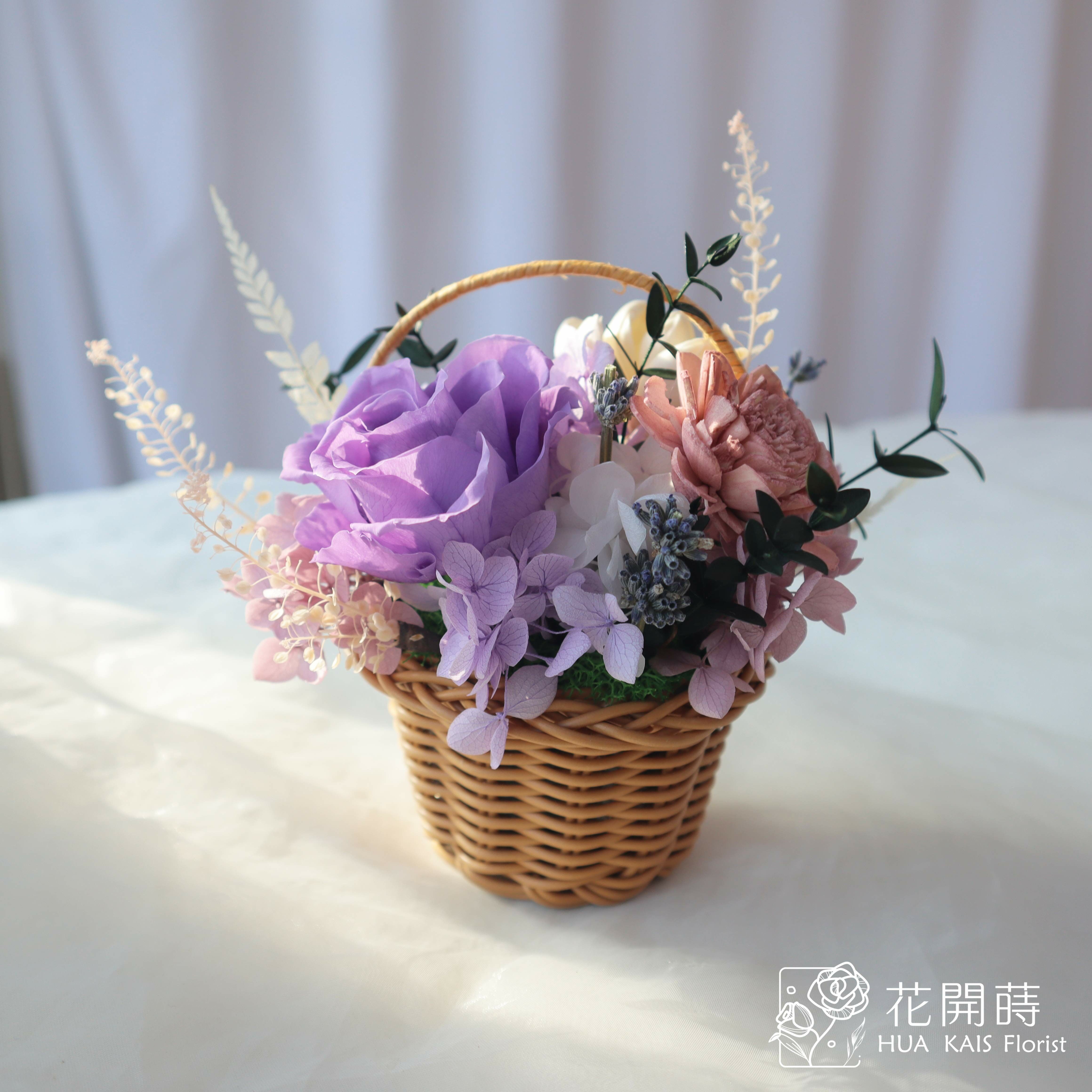 Diy小花籃|深紫色|永生玫瑰花|辦公室小桌花|永生花禮物