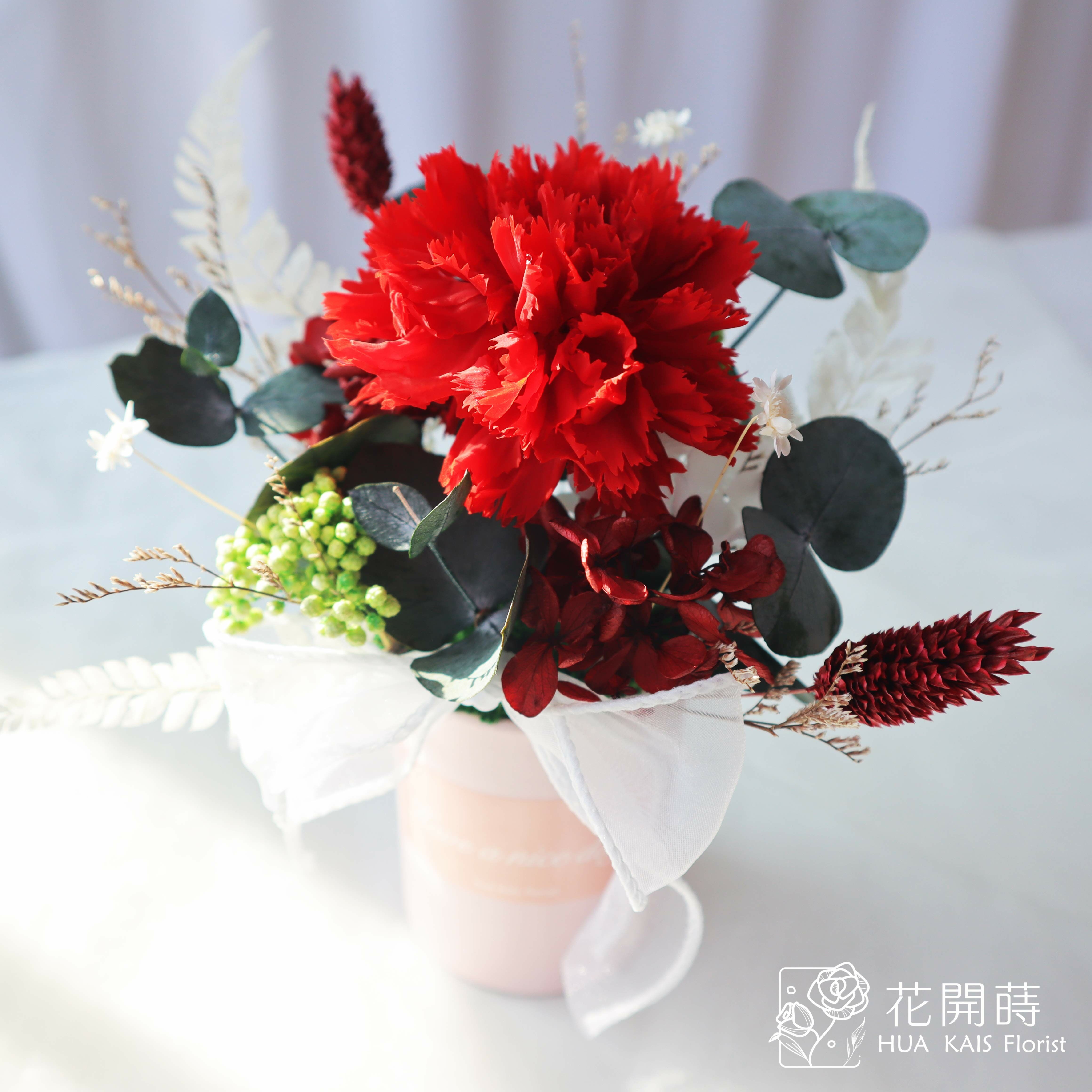 紙筒花|熱戀紅康乃馨桌花|永生玫瑰花|辦公室小桌花|永生花禮物