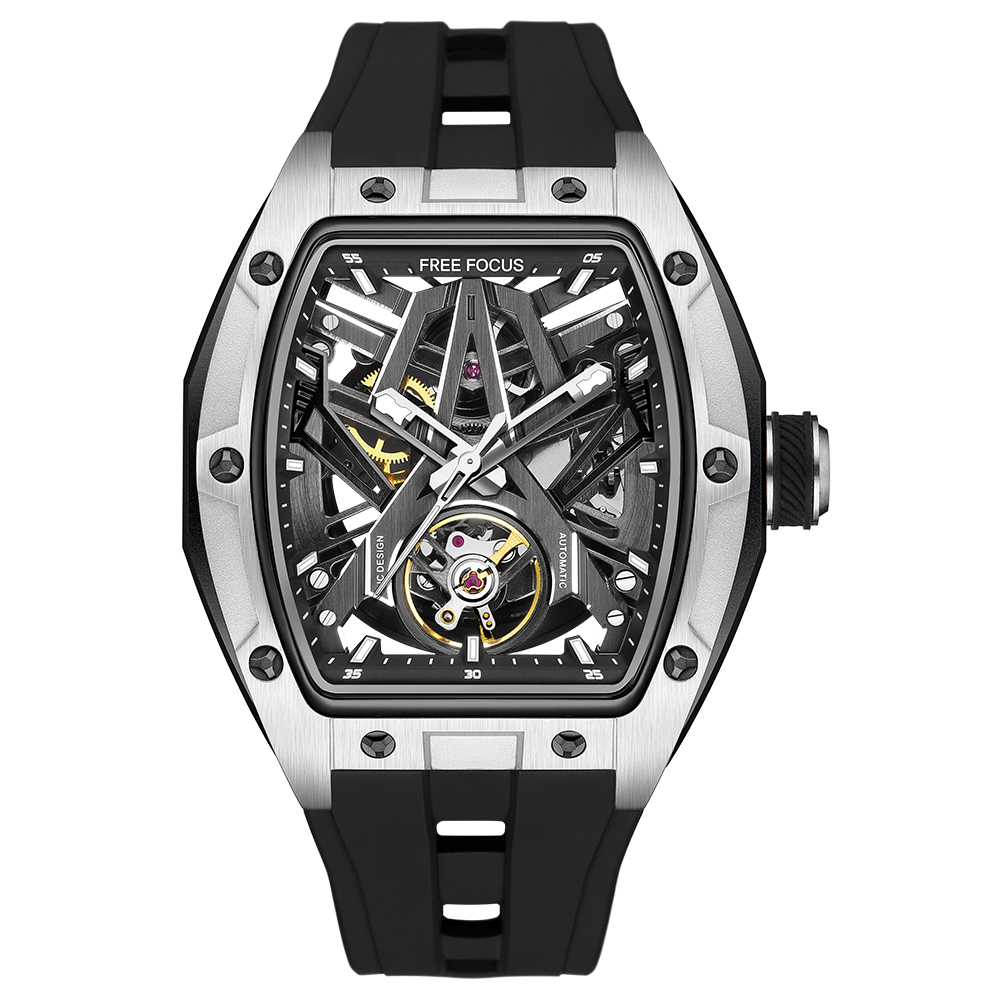 【Free Focus】F7001G 酒桶款 潮流 雙面鏤空 夜光指針刻度 機械 手錶