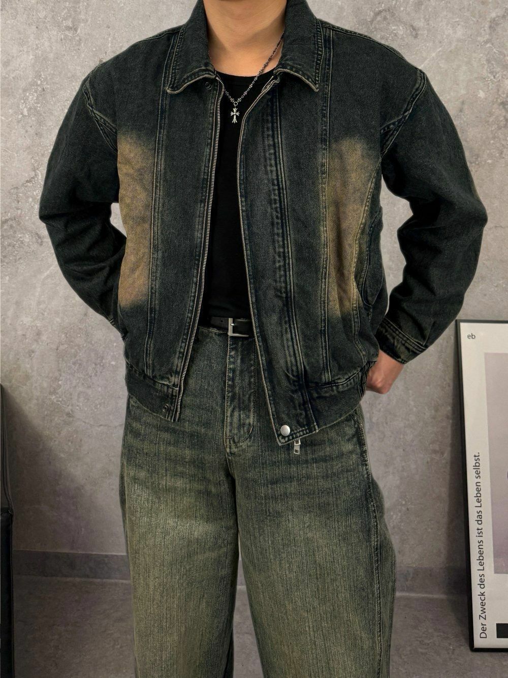 洗水反領拉鍊牛仔褸 Lowell-029JK